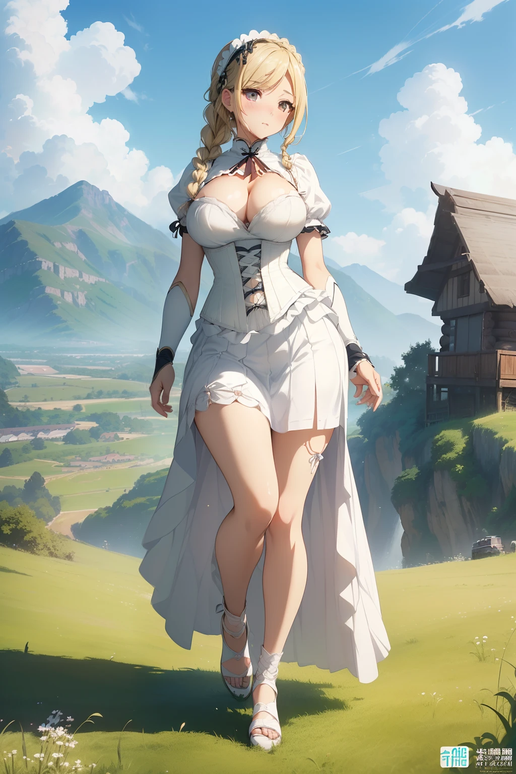 ((masterpiece, best quality, photorealistic, cinematic), perfect anatomy, expressive eyes, perfect face, perfect hands, ((large cleavage)), long round legs, round ass, (((anime girl in white French milkmaid corset and white maxi skirt))), ((blonde-hair, braided hairstyle)), seductive anime girl, Ayaka Genshin Impact, extremely detailed artgerm, from girls frontline, range murata and artgerm, xianxia, style artgerm, beautiful alluring anime woman, thicc, guweiz on artstation pixiv, ((wide shot, full body view)), (background: grassland, cabin, mountains, blue sky, clouds))