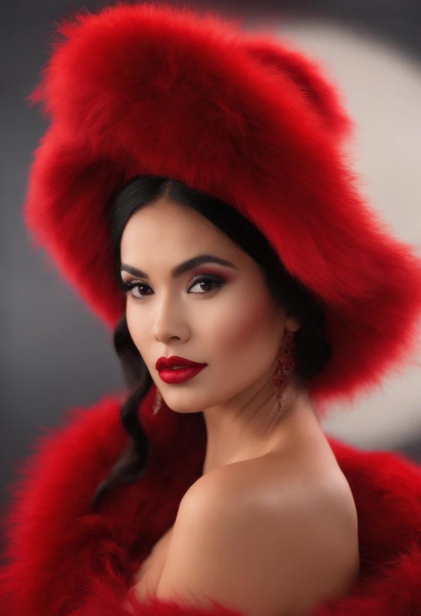masutepiece, Best Quality, 1girl in, Red background, Black hair, long curly hair, Face front, ((red fashion silk lone costume with red swirling vortexes pattern)), ((Red Plush Fur Hat)), emotive faces,, make up, studio lights, studio