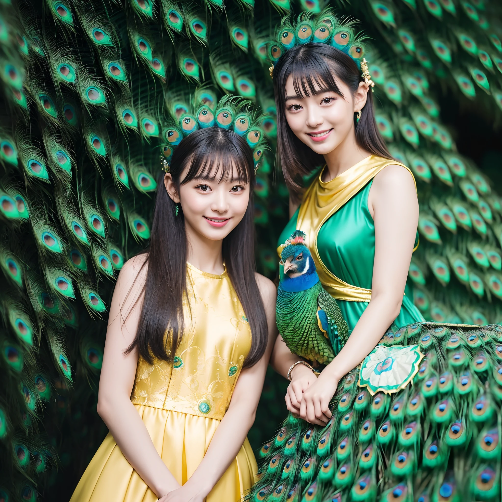 (in 8K、RAW Photos、top-quality、​masterpiece:1.5)、(realisitic、Photorealsitic:1.5)、ultra-detailliert、超A high resolution、lighting like a movie、(((Idols who love peacocks)))、(((Japan  girls)))、(((Wearing a cute costume with a peacock motif)))、(A lot of peacocks:1.5)、cute smile face、Happy and energetic atmosphere、dynamic ungle、动态照明