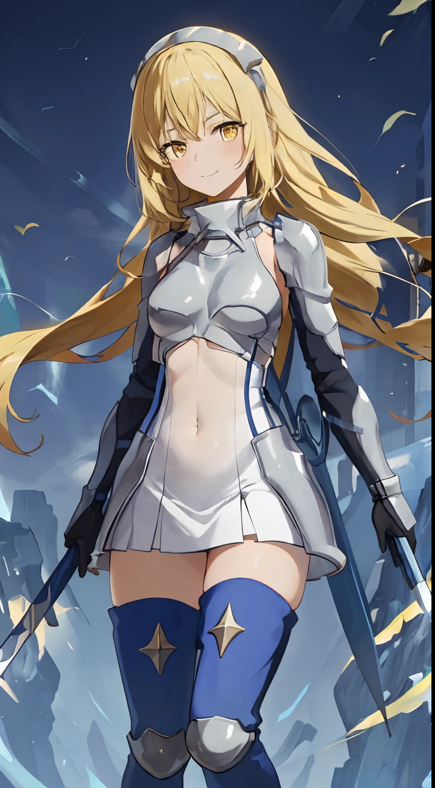 iced, 1girl in, Solo, Blonde hair, armor, Long hair, Straight hair, thighs thighs thighs thighs, long boots, Dress, Yellow eyes, Thigh boots, Blue Long Boots, blue footwear, Covered navel, breastplates, Shoulder Armor, gloves, a smile、lawn、suns、verdant