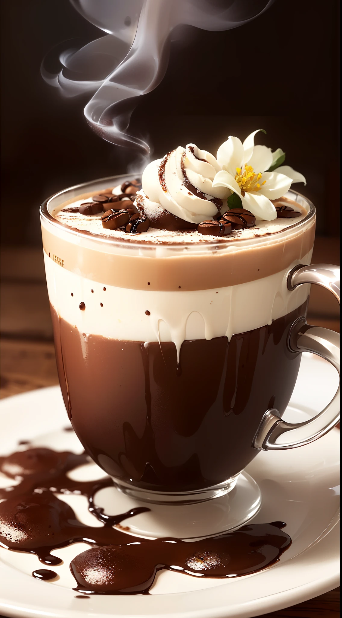 (Espresso in a glass of red wine,Tiramisu,Latte,Coffee flowers,Layered coffee,Fragrant coffee:1.45),kawa,Warm steam,Smoke,Spiral smoke,The aroma,The taste of wine,Sticky toffee pudding,Frozen coffee - white chocolate mousse