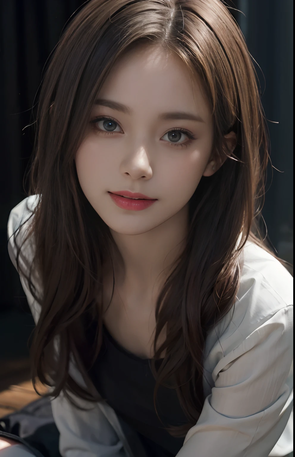 (Ultra Realistic), (Illustration), (High Resolution), (8K), (Very Detailed), (Best Illustration), (Beautiful and Detailed Eyes), (Best Quality), (Ultra Detailed), (Masterpiece), (Wallpaper), (Detailed Face), Solo, One Girl, Viewer, Fine Detail, Detailed Face, In the Dark, Deep Shadows, Low Key, pureerosfaceace_v1, Smile, Long Hair, 46-point oblique bangs, full body, showing legs, blonde god