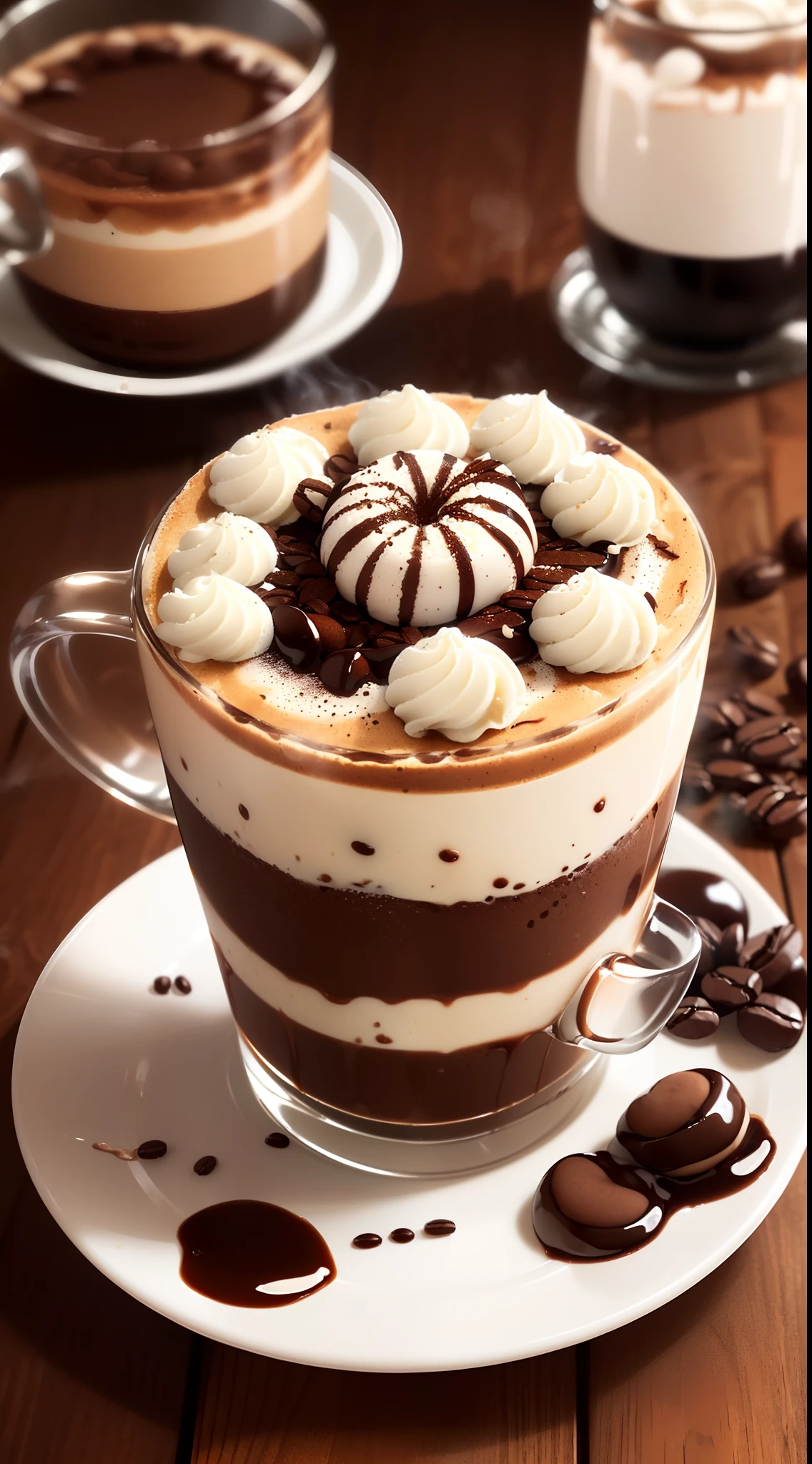 (Espresso in a glass of red wine,Tiramisu,Latte,Coffee flowers,Layered coffee,Fragrant coffee:1.45),kawa,Warm steam,Smoke,Spiral smoke,The aroma,The taste of wine,Sticky toffee pudding,Frozen coffee - white chocolate mousse