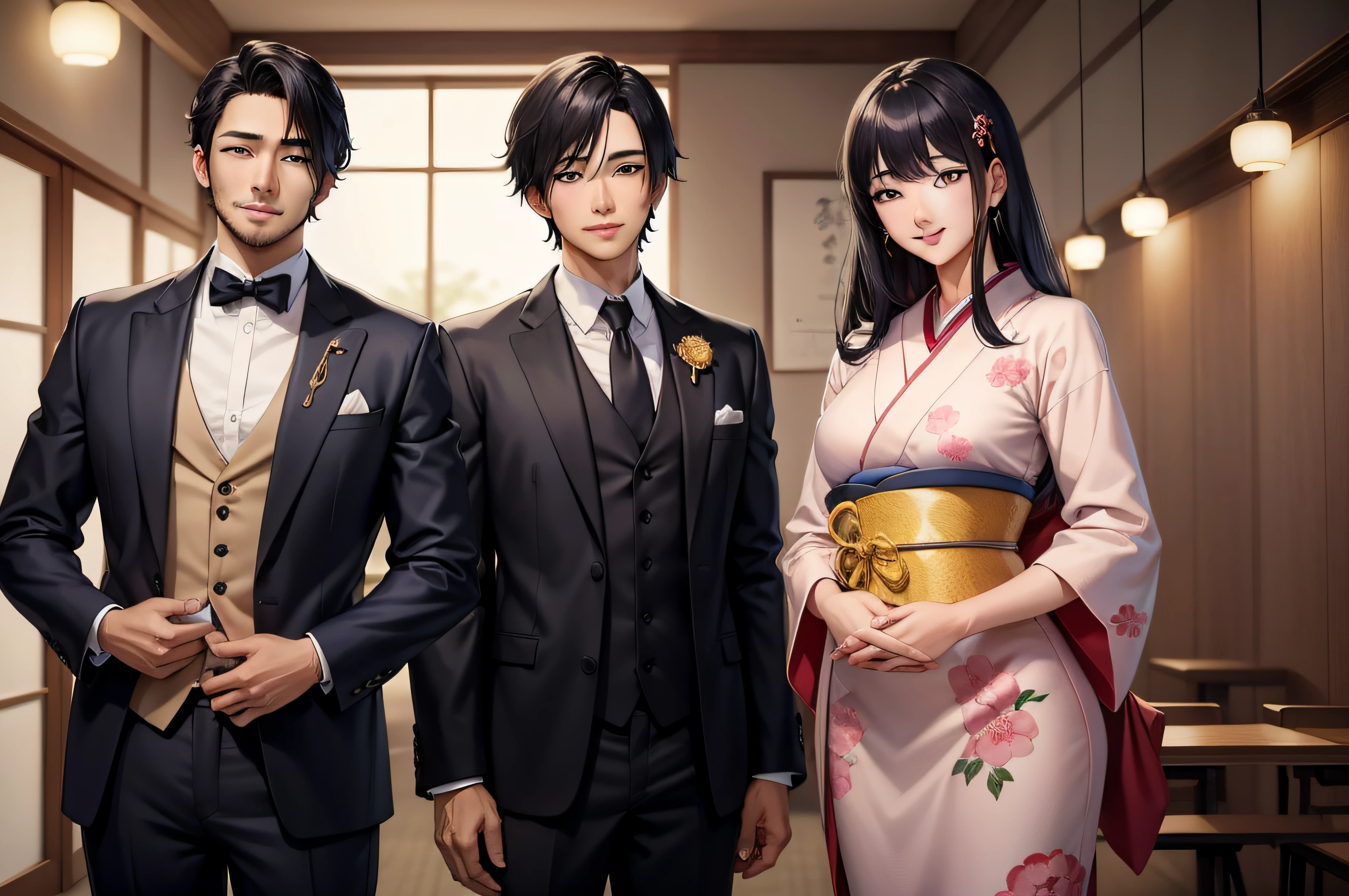 japanes、Handsome men、30-years old、One happy young Japan businessman president、A very attractive businessman, Elegant attire and hall々Stand with arms crossed with a smile、top-quality、masterpiece、Photo Real、超A high resolution、the background is blurred、Big smile、Latest fashionable suits 、Medium Hair、Super cool、twinks、Nice perfect face with soft skin、8K、A hyper-realistic、