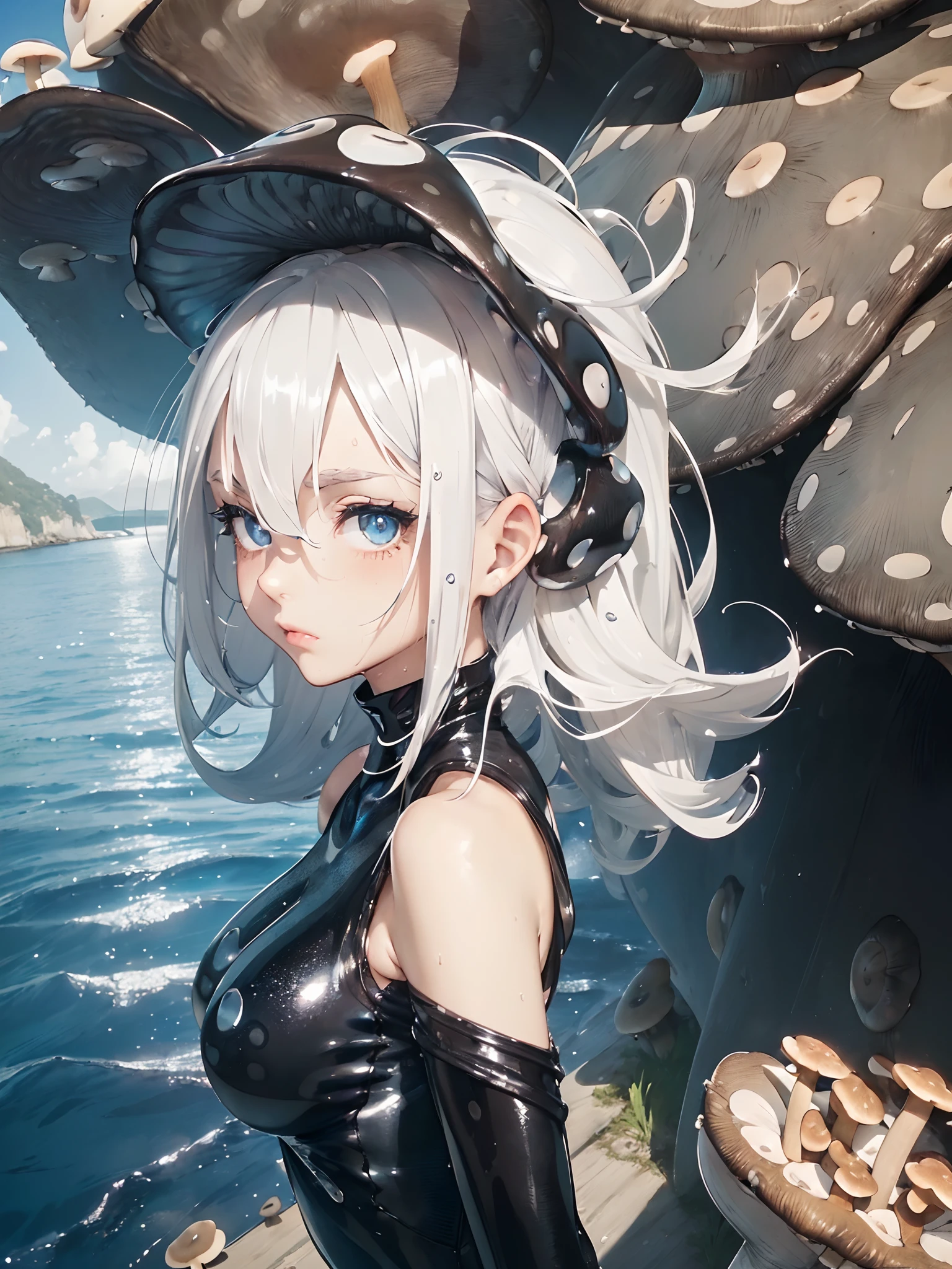 (platinum hair, water hair:1.3), (starly eyes:1.3), (extremely beautiful girl), small nose, sexy lip, large breast, sweat,
break
(black plugsuit:1.3), (mushroom on head:1.3), (tilt own head:1.3), (from side:1.3), (muscular:0.8), (pointing at viewer:1.3),
break
(sea side),
(landscape:1.2), (very wide view:1.2), (sparkle:1.2),