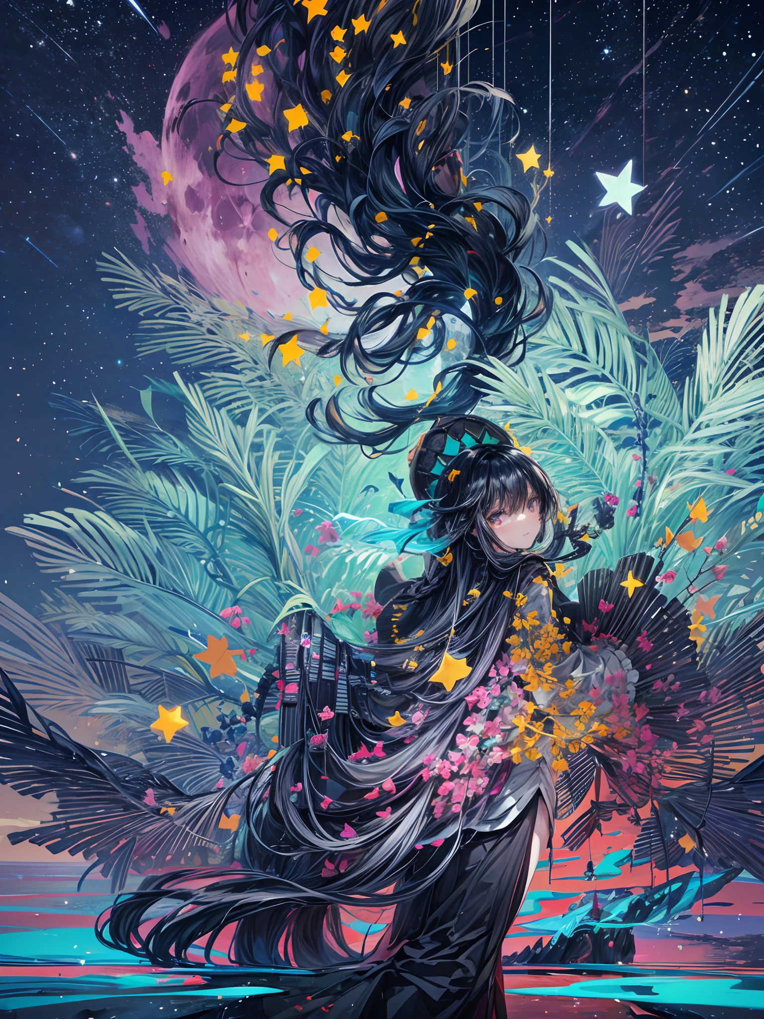 One girl standing by a lake, back view looking up at the moon, black hair, long hair, long bangs, one braid on the side, fangs, gentle smile, long cardigan with black hood, shorts, shot from behind, night sky, full of stars, sky with many twinkling stars, big beautiful full moon, realistic expression, Realistic skin texture, incredibly absurd, super high quality, super fine detail, super detailed background,