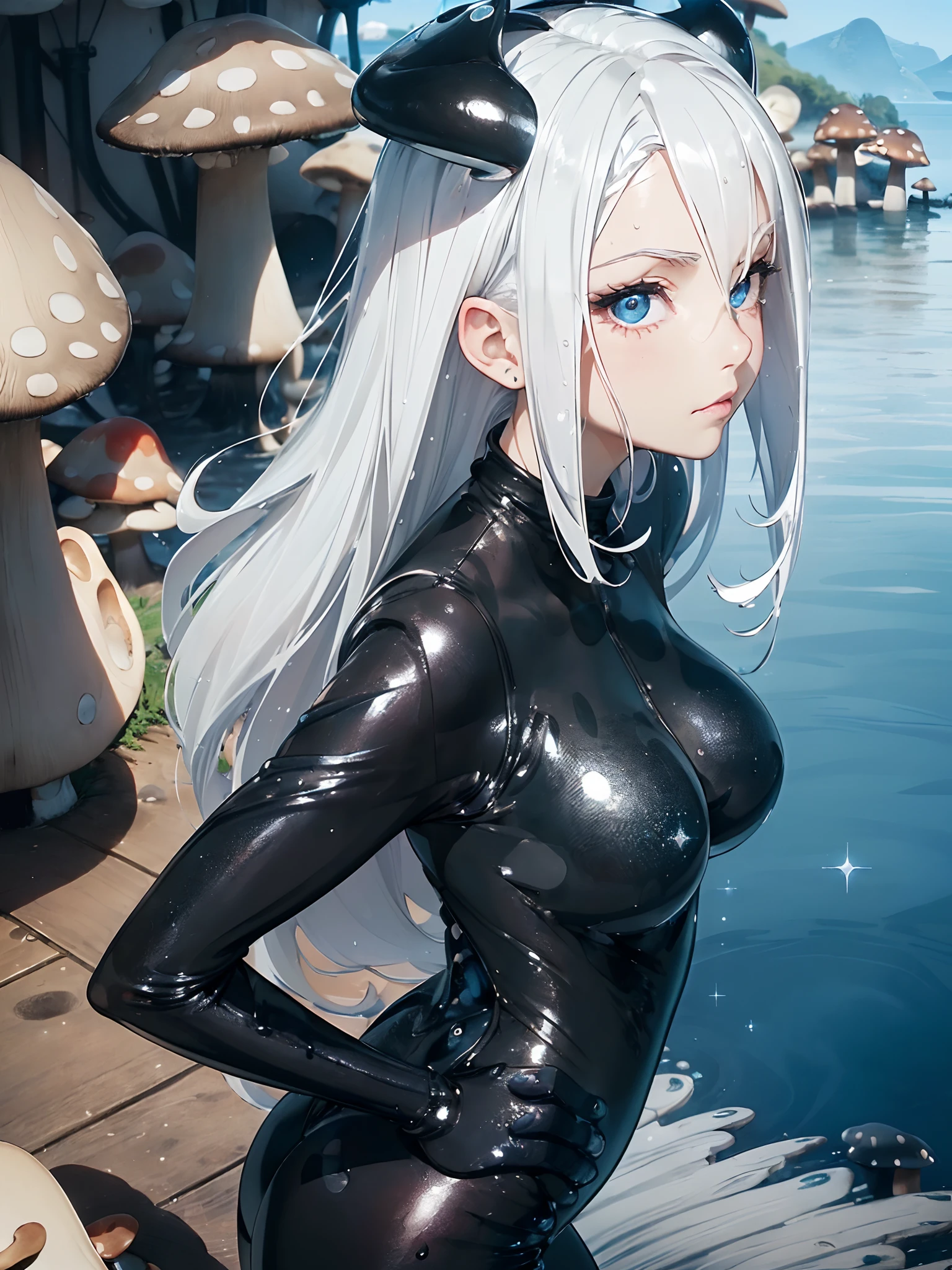 (platinum hair, water hair:1.3), (starly eyes:1.3), (extremely beautiful girl), small nose, sexy lip, large breast, sweat, 
 break
(black plugsuit:1.3), (mushroom on head:1.3), (tilt own head:1.3), (from side:1.3), (muscular:0.8), (pointing at viewer:1.3), 
 break
(sea side), 
(landscape:1.2), (very wide view:1.2), (sparkle:1.2),