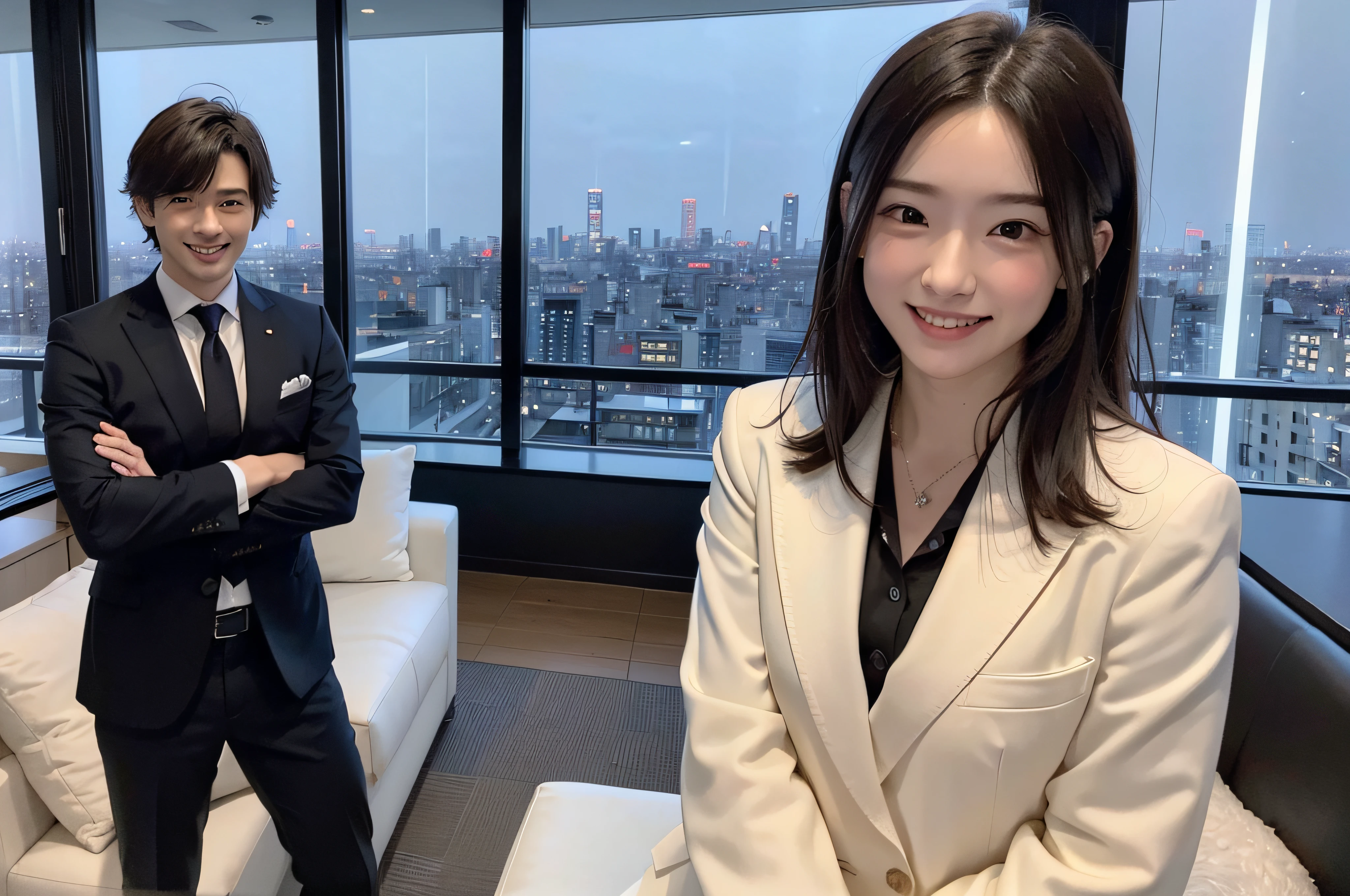 ((Office in a high-rise building with a view of the Tokyo skyline at night))、japanes、Handsome men、30-years old、One happy young Japan businessman president、A very attractive businessman, Elegant attire and hall々Stand with arms crossed with a smile、top-quality、​masterpiece、Photo Real、超A high resolution、the background is blurred、Big smile、Latest fashionable suits 、Medium Hair、Super cool、twinks、Nice perfect face with soft skin、8K、A hyper-realistic、