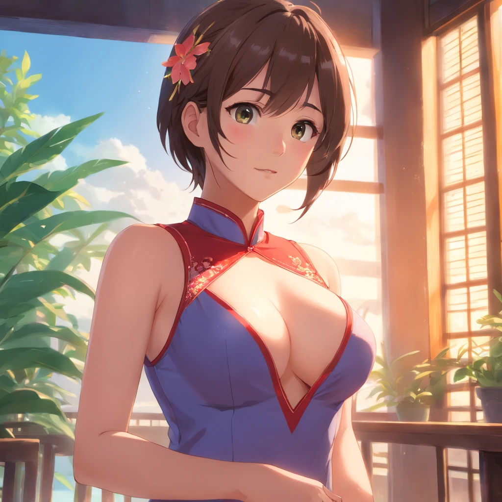 masterpiece, best quality, wearing tight cheongsam, big breasts, revealing,((ultra hd, masterpiece, 4k hd)), see armpits and boobs, showing , sexy anime girl