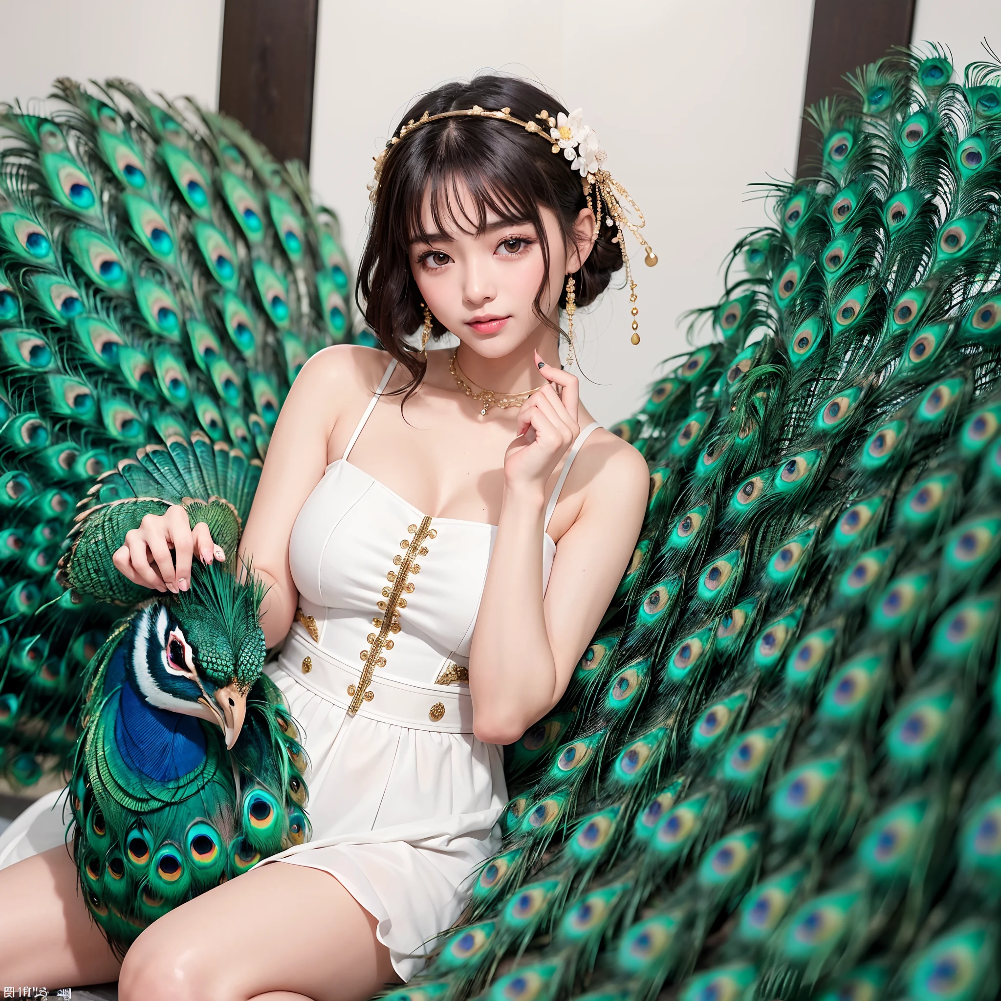 (in 8K、RAW Photos、top-quality、masterpiece:1.5)、(realisitic、Photorealsitic:1.5)、ultra-detailliert、超A high resolution、lighting like a movie、(((Idols who love peacocks)))、(((Japan 16 year old girls)))、(((Wearing a cute costume with a peacock motif)))、(A lot of peacocks:1.5)、cute smile face、Happy and energetic atmosphere、dynamic ungle、动态照明