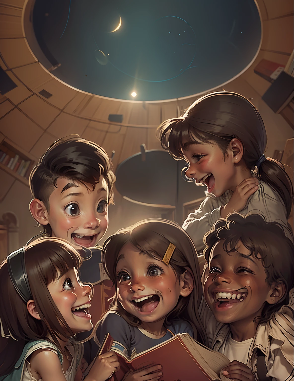 children laughing, una con un libro de cuentos, en una biblioteca