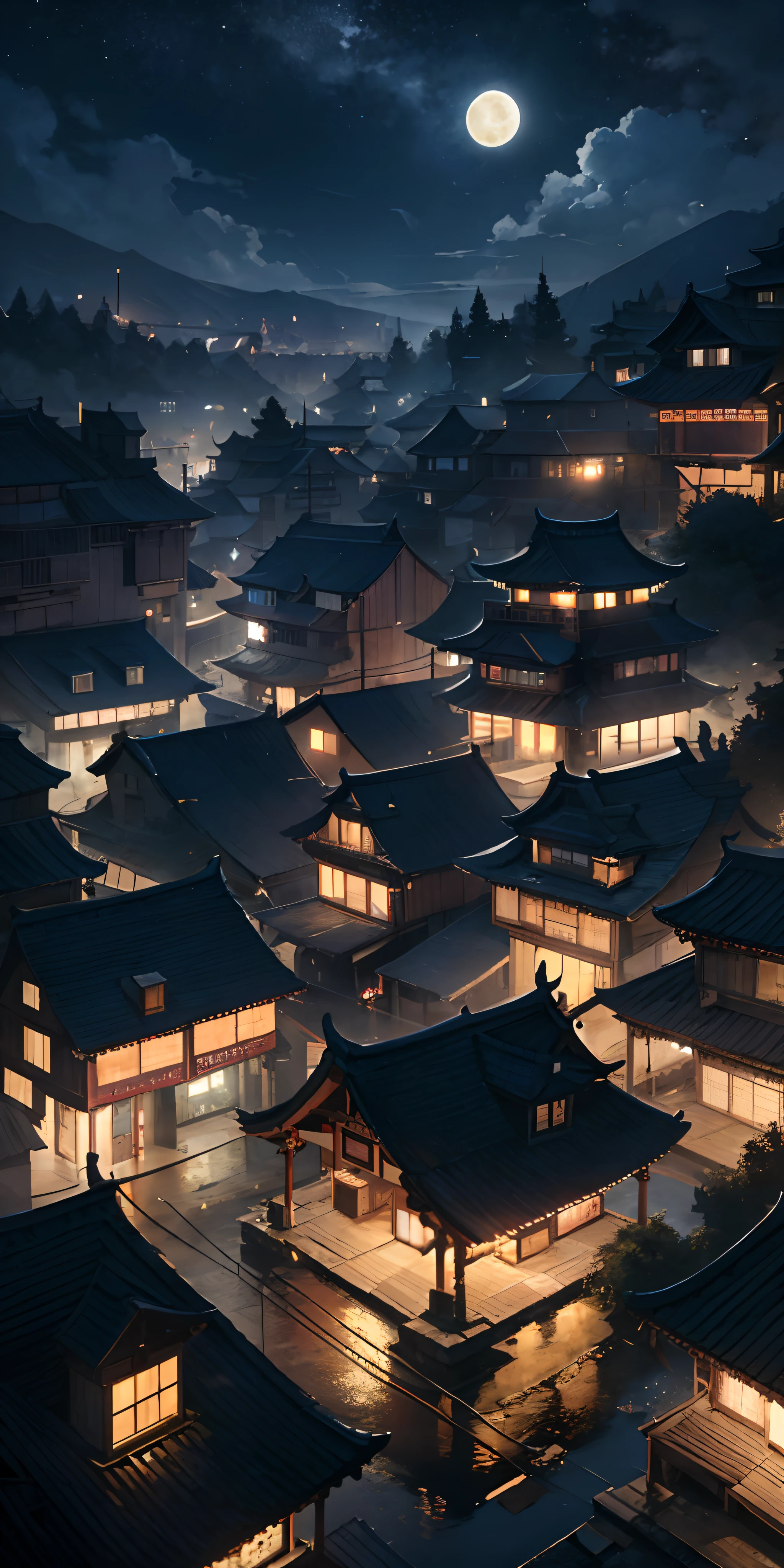 Arafed view of a village,a lot of lights on the buildings,dreamy Chinese towns,Chinese Village,amazing wallpapers,surreal photo of a small town,The sky has a big moon,old asian village,Raymond Han,Mid-Autumn Night, Cyberpunk ancient Chinese castle, Well-lit building, Beautiful and aesthetic, photography of, cinematic ligh, 8k, high detal