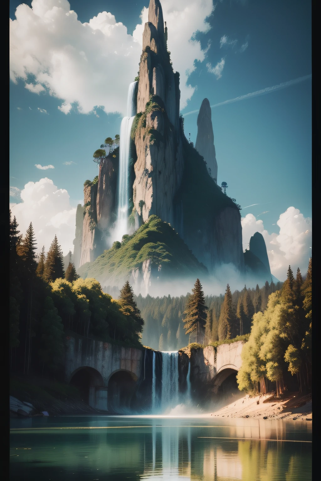 master part, best quality, alta qualidade, extremamente detalhado CG unidade 8k papel de parede, scenecy, ao ar livre, heaven, Cloud, dia, Sem humanos, montanha, Landscape, water, tree, blue skies, waterfall, Penhasco, Natureza, lago, Rio de Janeiro, Cloudy sky,fotografia premiada, Bokeh, profundidade de campo, HDR, florescer, chromatic aberration ,fotorrealista,extremamente detalhado, trending on ArtStation, trending in cgsociety, intrincado, High detail, Dramatic, Arte por MidJourney