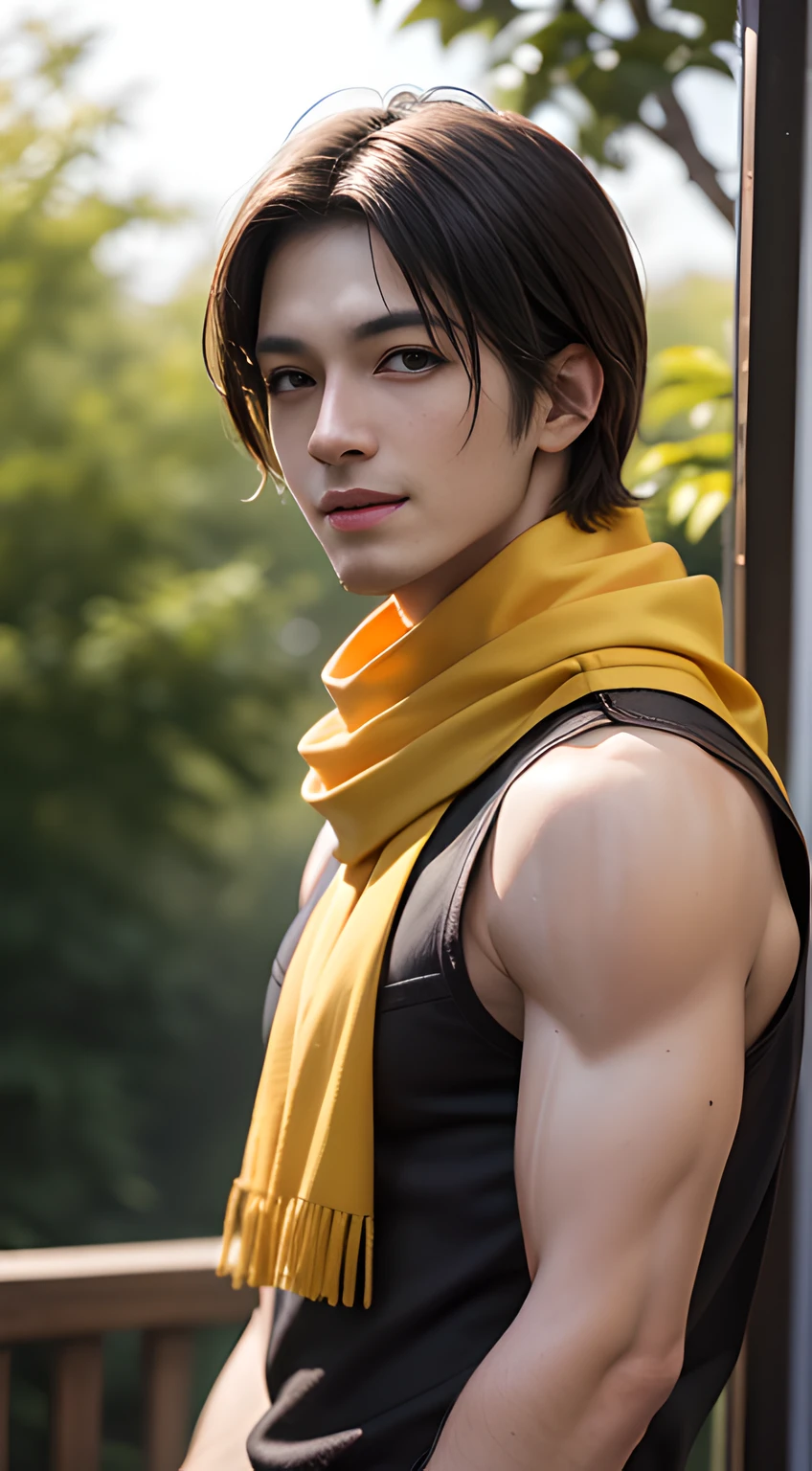 ((Men only)), (head shot), (look straight ahead), (having a yellow scarf wrapped around his neck), ((Leon Kennedy)), (Handsome muscle man in his 10s), (big Smile), (The trees have turned red), (detaile: 1 in 1), Natural muscles, HIG quality, beautidful eyes, (Detailed face and eyes), (Face、: 1 / 2), Noise, Real Photographics、... ...................................................................................................................PSD, Sharp Focus, High resolution 8K, realisitic & Professional Photography, 8K UHD, Soft lighting, High quality, Film grain, FujifilmXT3