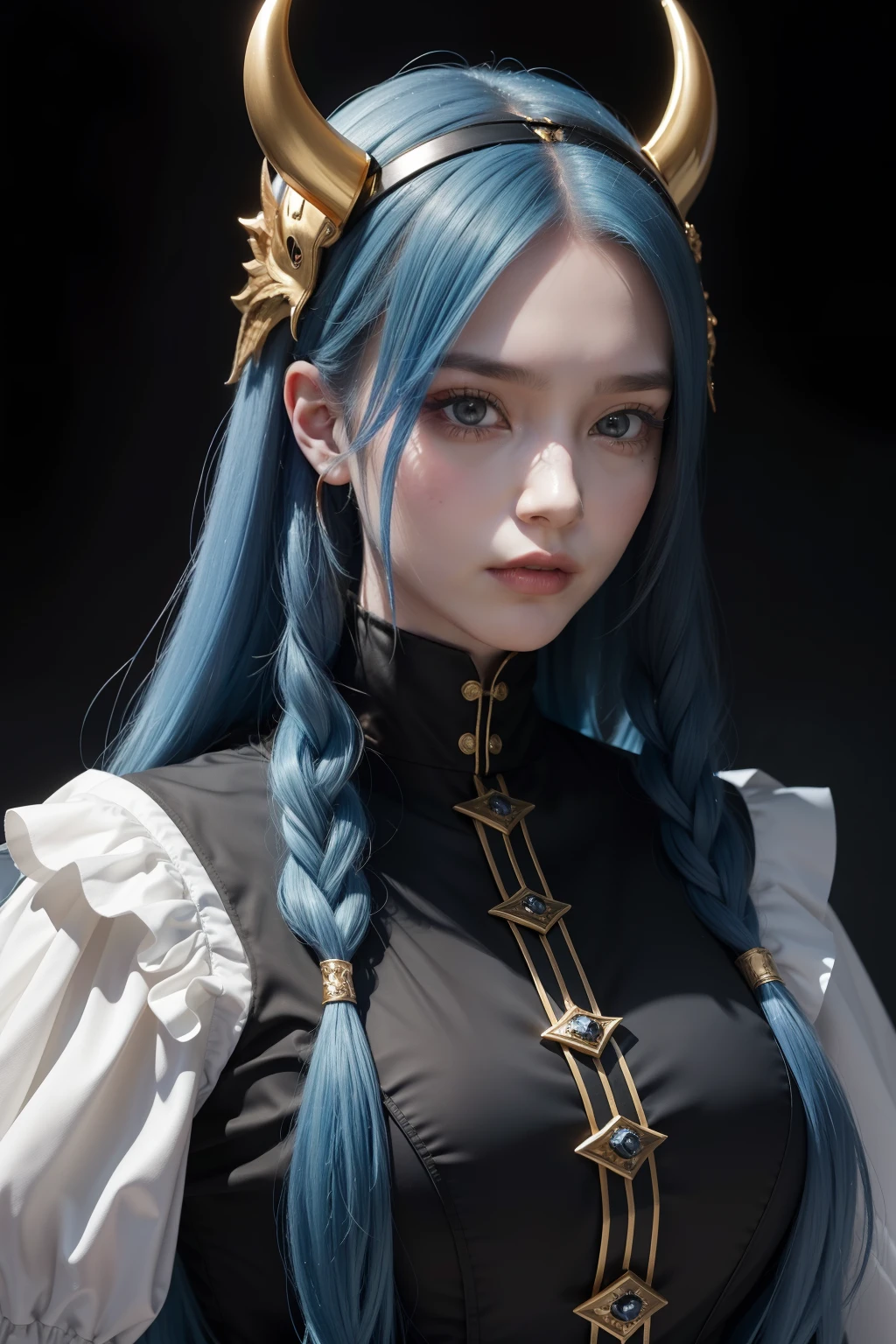 A girl with long blue hair,Wearing a white black wave style dress,With gold details and devil mask,Darkwave style,half length portrait,centre,hdr,8K,ultra-realistic realism,Beautiful soft light studio,vibrant detail,anatomically,ellegance,foco nítido,Studio photos,Trend at Artstation,ultra - detailed,polarizing filter