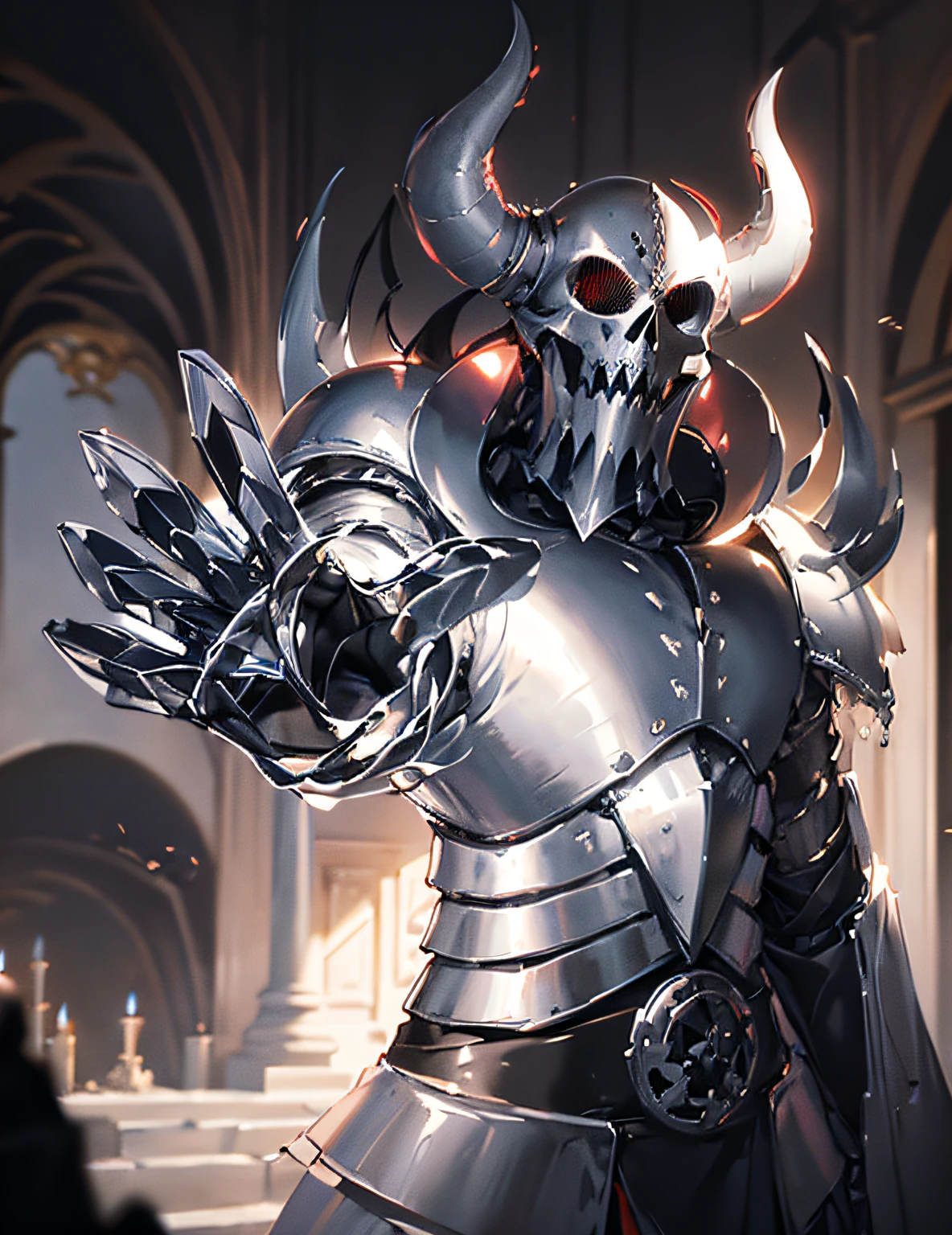 A guard in terror armor extends his hand to the camera，Silver-white armor，Helmet with horns，With exposed shoulder pads，Wearing gloves that have been stabbed，skull helmet，Shabby temple background，horror atmosphere，