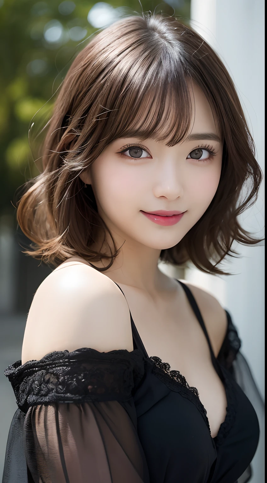 masutepiece, Best Quality, Illustration, Ultra-detailed, finely detail, hight resolution, 8K Wallpaper, Perfect dynamic composition, Beautiful detailed eyes, Women's Fashion🍂,Medium wavy hair,small tits、Natural Color Lip, Bold sexy poses,Smile,Harajuku、20 years girl、Cute、Sexy shot looking at camera