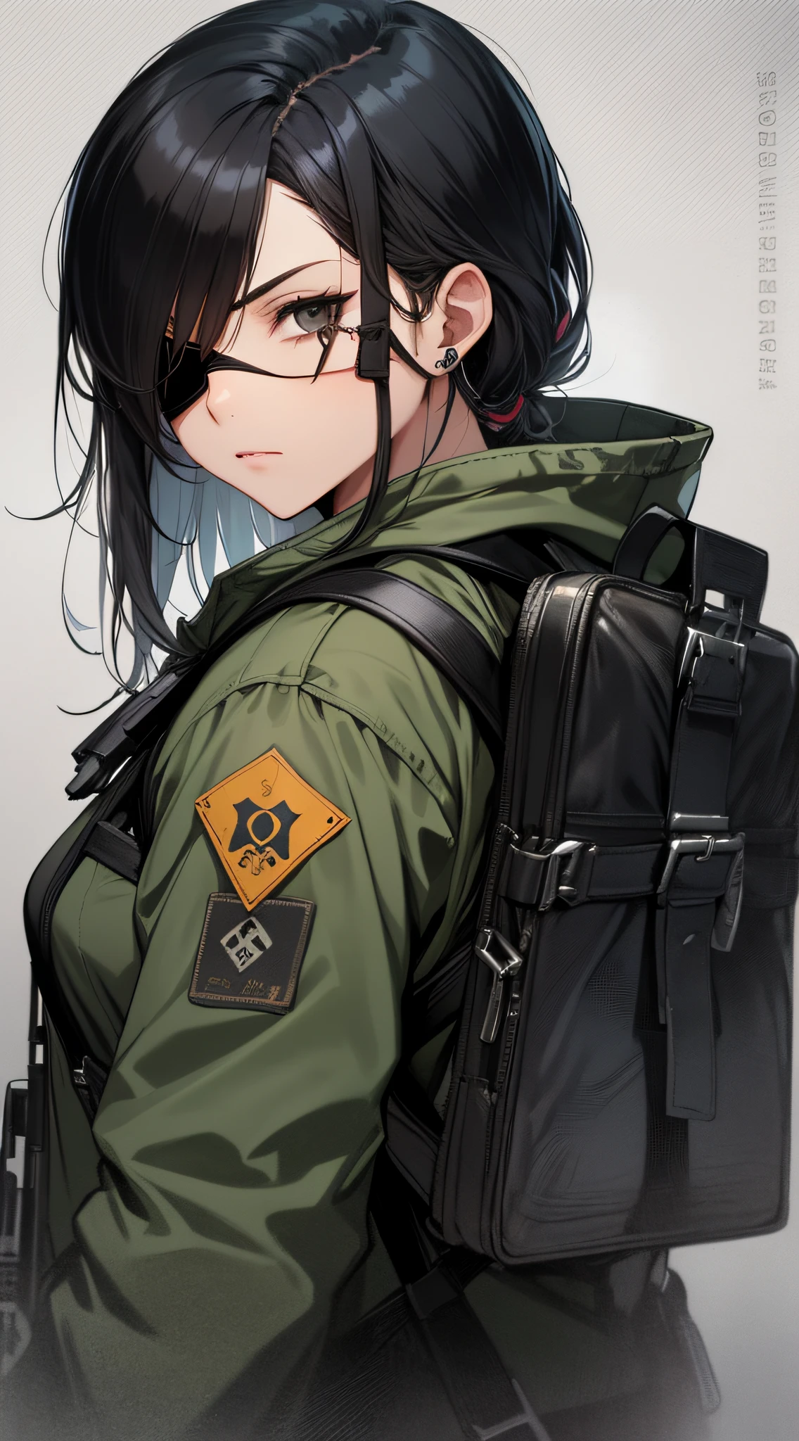 top-quality、Top image quality、​masterpiece、male people((in her 20s、Military Suits、Carrying a rucksack、Black eyepatch on right eye、well-muscled、Hold an assault rifle))、hiquality、visualart、Background with((Yamanaka))
