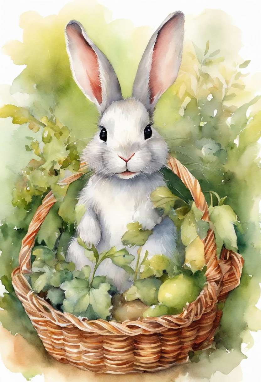 Image of a picture book、Cute Bunny、Various angles、Head to the bushes、With a basket、