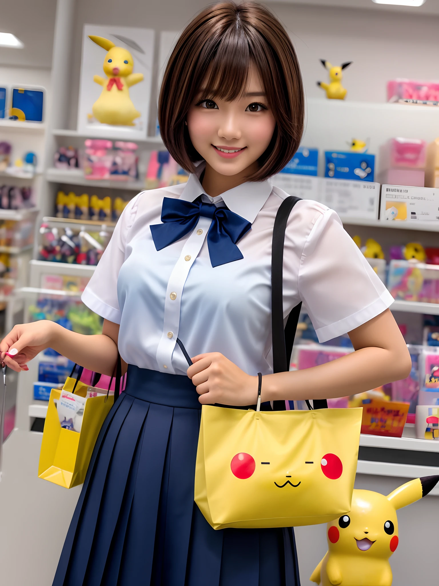 product quality, 1 girl, cowboy shot, front view, a Japanese young pretty woman, bob hair, shopping alone with a big smile in a toys store in the sunset, having a Pikachu doll, glamorous figure, wearing a short sleeves white collared silky shirt with satin dark blue plain bow tie, wearing a dark blue pleated long skirt, carrying one tote bag over her shoulder, hyper cute face, glossy lips, double eyelids in both eyes, natural makeup, long eyelashes, shiny smooth light brown bob hair, asymmetrical bangs, a tanned skin, central image, high resolution, high detail, detailed hairstyle, detailed face, spectacular cinematic lighting, octane rendering, vibrant, hyper realistic, perfect limbs, perfect anatomy