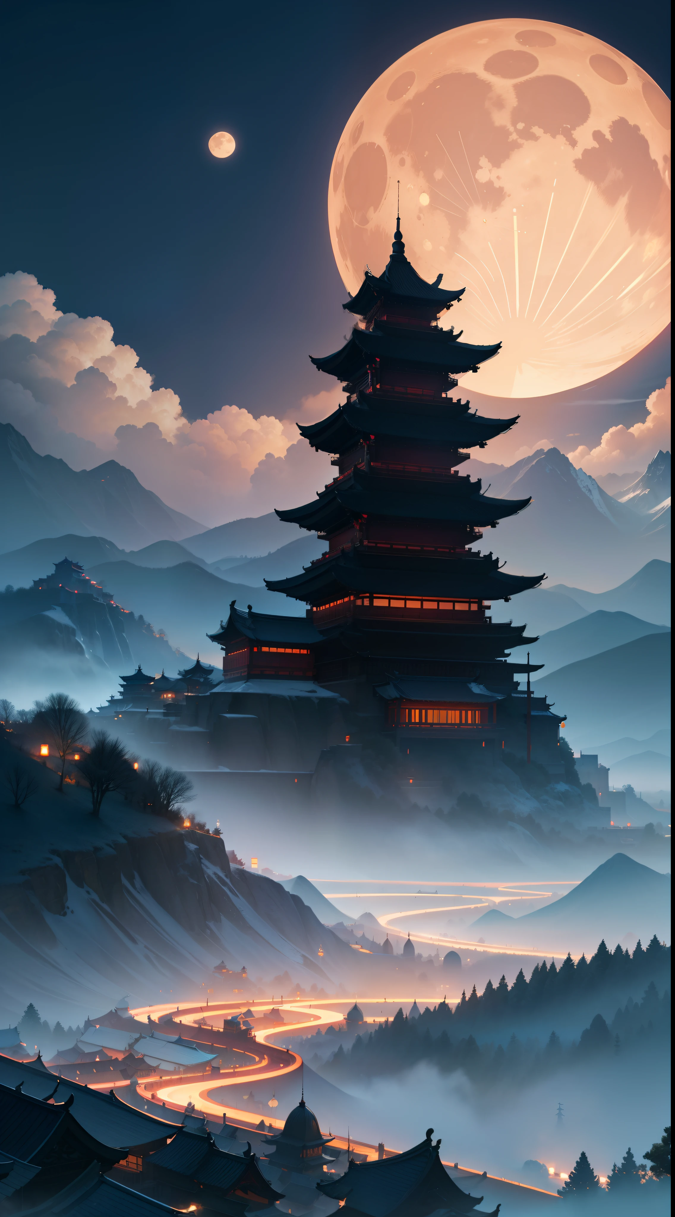 there are many people walking in the fog in front of a building, moody misty fantasy art, cyberpunk chinese ancient castle, matte painting in fantasy style, mist, dreamy chinese town, dreamlike digital painting, by Li Tiefu, matte digital painting, atmospheric. digital painting, soft focus matte painting, matte painting of steam machines, mysterious temple settingmasterpiece, best quality, Chinese Saints, Confusiu, Lao Tzu, budista, long beard, chinese old master walking down, long gown, Taoist robe, drape, monks, listening, polite, assemble, phylosofy, philosophy, bow, dangling sleeves, uncle with long beard, outdoors, bridge, bridge crosser, occult, Baroque, kim keever, oil painting, castle, fantasy, tower, cliff, cloud, sky, rock, smoke, mountain, gate, shrine, rope, solo,  landscape, nature, day, silhouette, floating island, bird, rooftop, ruins, arch, cloudy sky, wall, forest, cave, sunlight, stone, steam, light rays, window, molten rock, In the distance pagodas, many temples