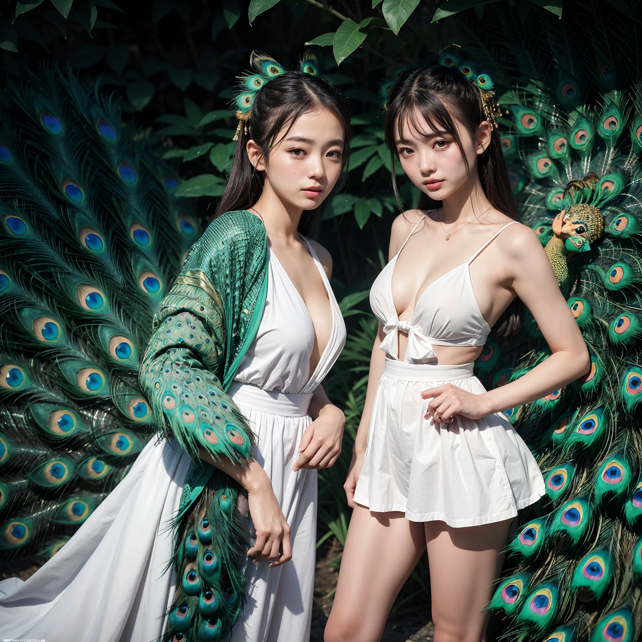 (in 8K、RAW Photos、top-quality、masterpiece:1.5)、(realisitic、Photorealsitic:1.5)、ultra-detailliert、超A high resolution、lighting like a movie、(((Idols who love peacocks)))、(((Japan 16 year old girls)))、(((Wearing a cute costume with a peacock motif)))、(A lot of peacocks:1.5)、cute smile face、Happy and energetic atmosphere、dynamic ungle、动态照明