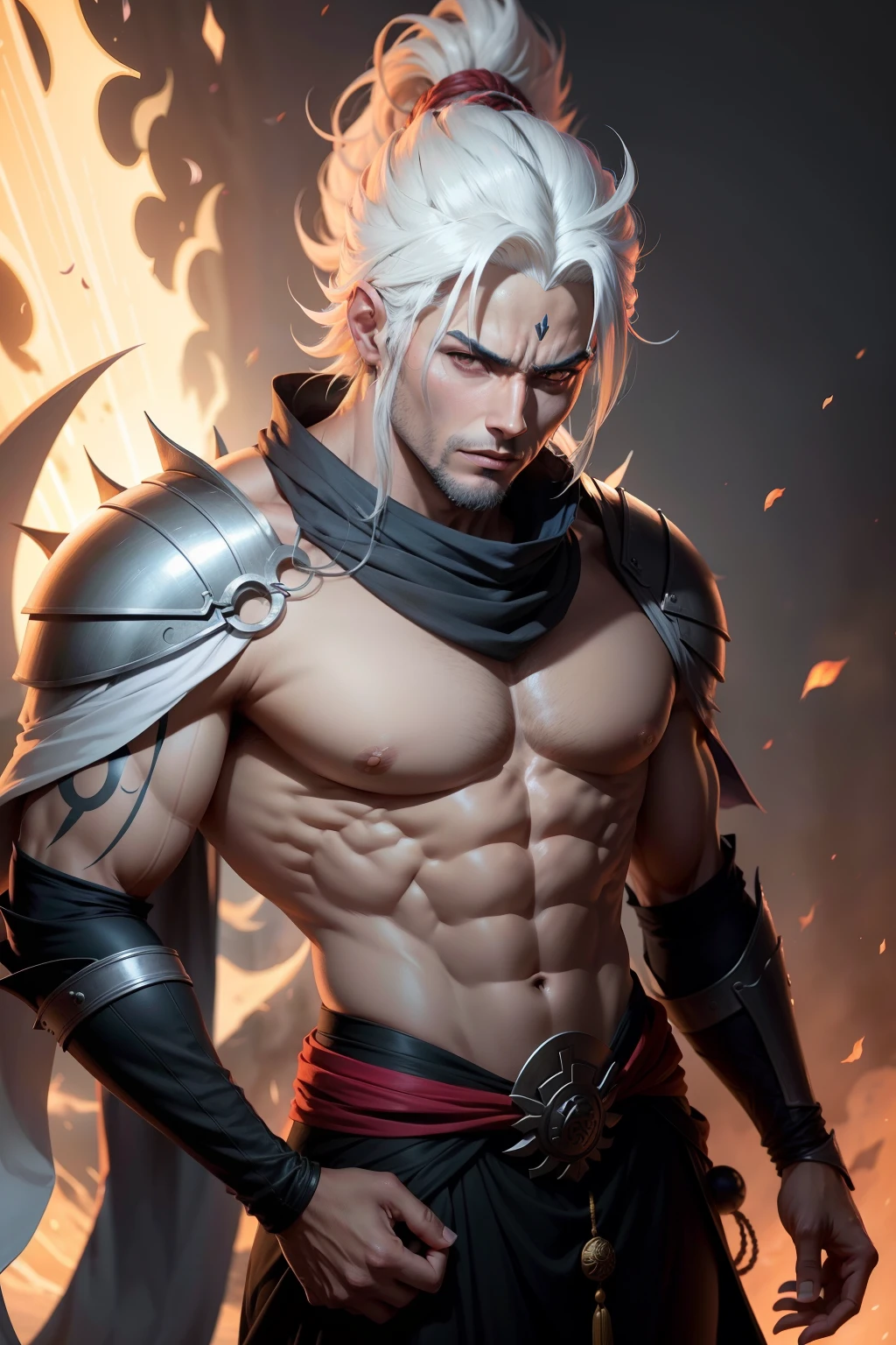 Male, white hair, red eyes, muscular, wearing female undewear