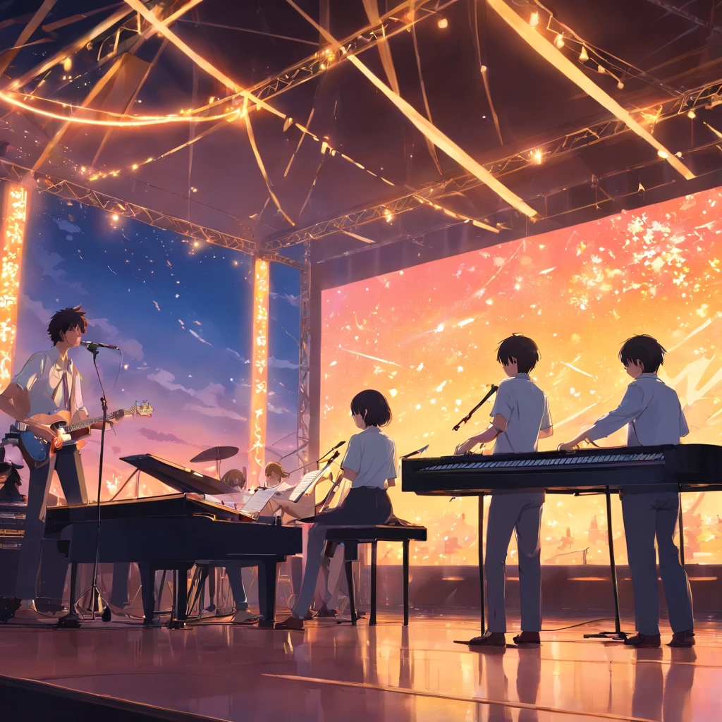 "​masterpiece, Better Quality, still film, Musicians on stage for one night, foreground, 发光, glad, soft warm lighting, Sundown, sparks: