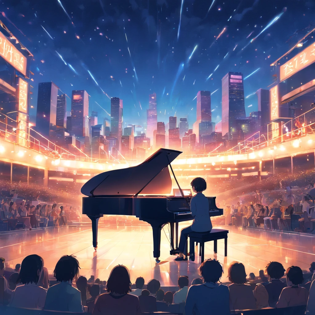 "masterpiece, Better Quality, still film, Musicians on stage for one night, foreground, 发光, glad, soft warm lighting, Sundown, sparks: