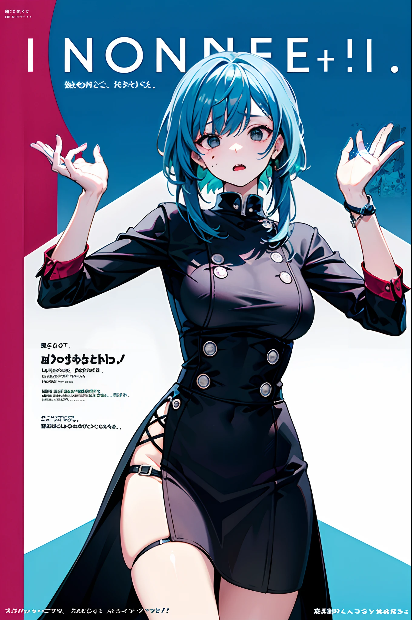 (Magazine cover: 1.3), Ulzzang-6500, (Reality: 1.3) (Original: 1.2), Masterpiece, Best Quality, Beautiful Clean Face, Full Body, 1 Woman, (Cyberpunk Style Dress, Blue Coat), (Crystal Necklace), Pose for Photo, (Short Hair in White Black & Blue),