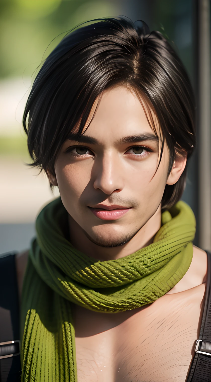 ((Men only)), (head shot), (look straight ahead), (having a green knit scarf wrapped around his neck), ((Leon Kennedy)), (Handsome muscle man in his 10s), (big Smile), (The trees have turned red), (detaile: 1 in 1), Natural muscles, HIG quality, beautidful eyes, (Detailed face and eyes), (Face、: 1 / 2), Noise, Real Photographics、... ...................................................................................................................PSD, Sharp Focus, High resolution 8K, realisitic & Professional Photography, 8K UHD, Soft lighting, High quality, Film grain, FujifilmXT3