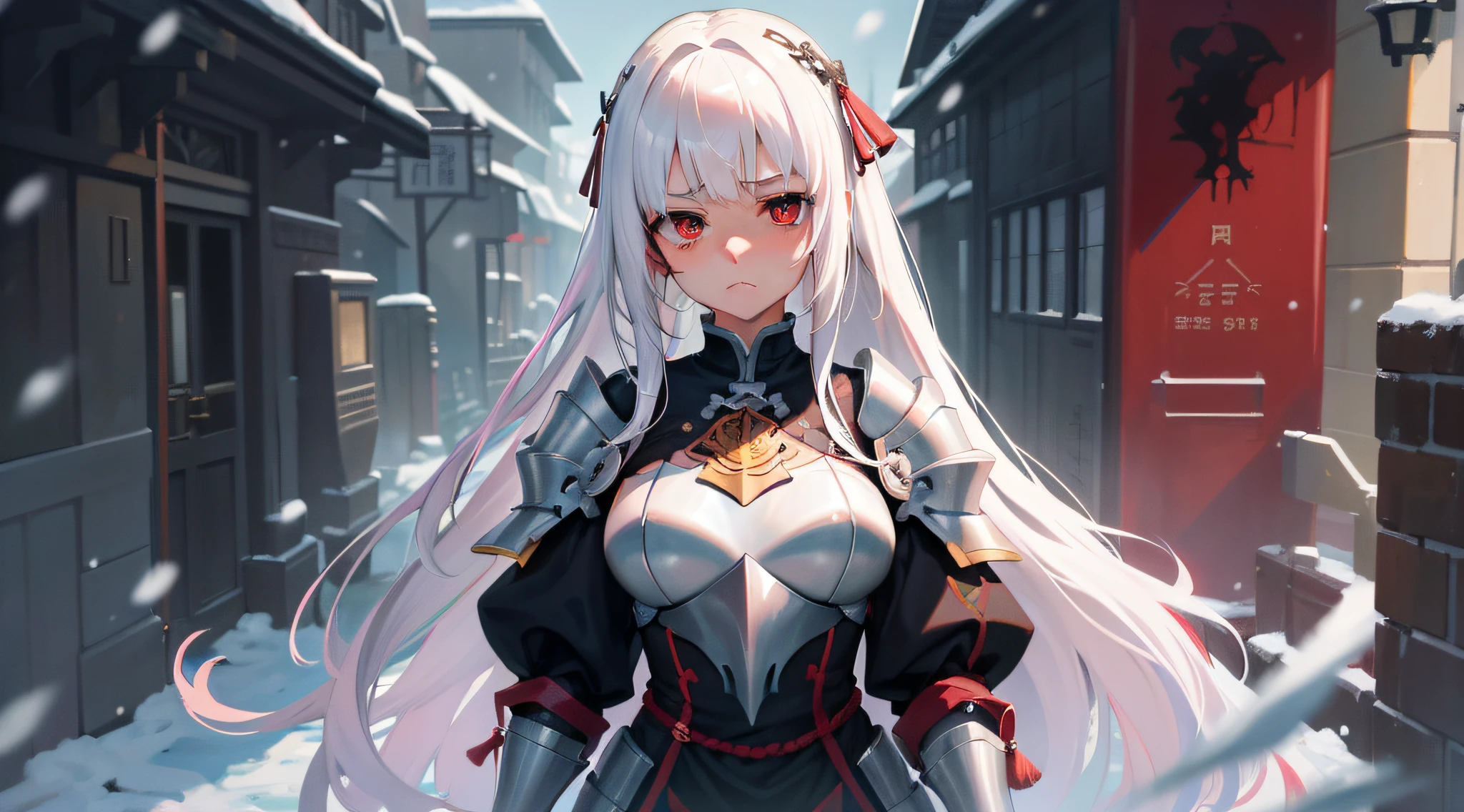 A teenage girl，White hair and red eyes，long whitr hair，Original Character、fantasy concept art、Best shadow、shallowdepthoffield、Portrait of a noble knight、Dignified、Sad expression，streaming tears，Glazed eyes，Sophisticated tactical heavy armor、Tassel waistband、Hand Guard、Pauline、High quality armor texture，Stand up，Kneel on one knee，overcast day，Snow，（HighestQuali，astonishing detail：1.25），（独奏：1.3），Brilliant and colorful paintings