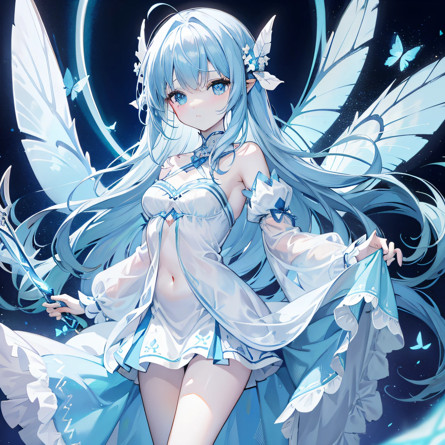 Pale blue hands,White figure eight bangs,Fairies in soft clothes flutter blue and white yarn,She is a fairy-like sword cultivator girl