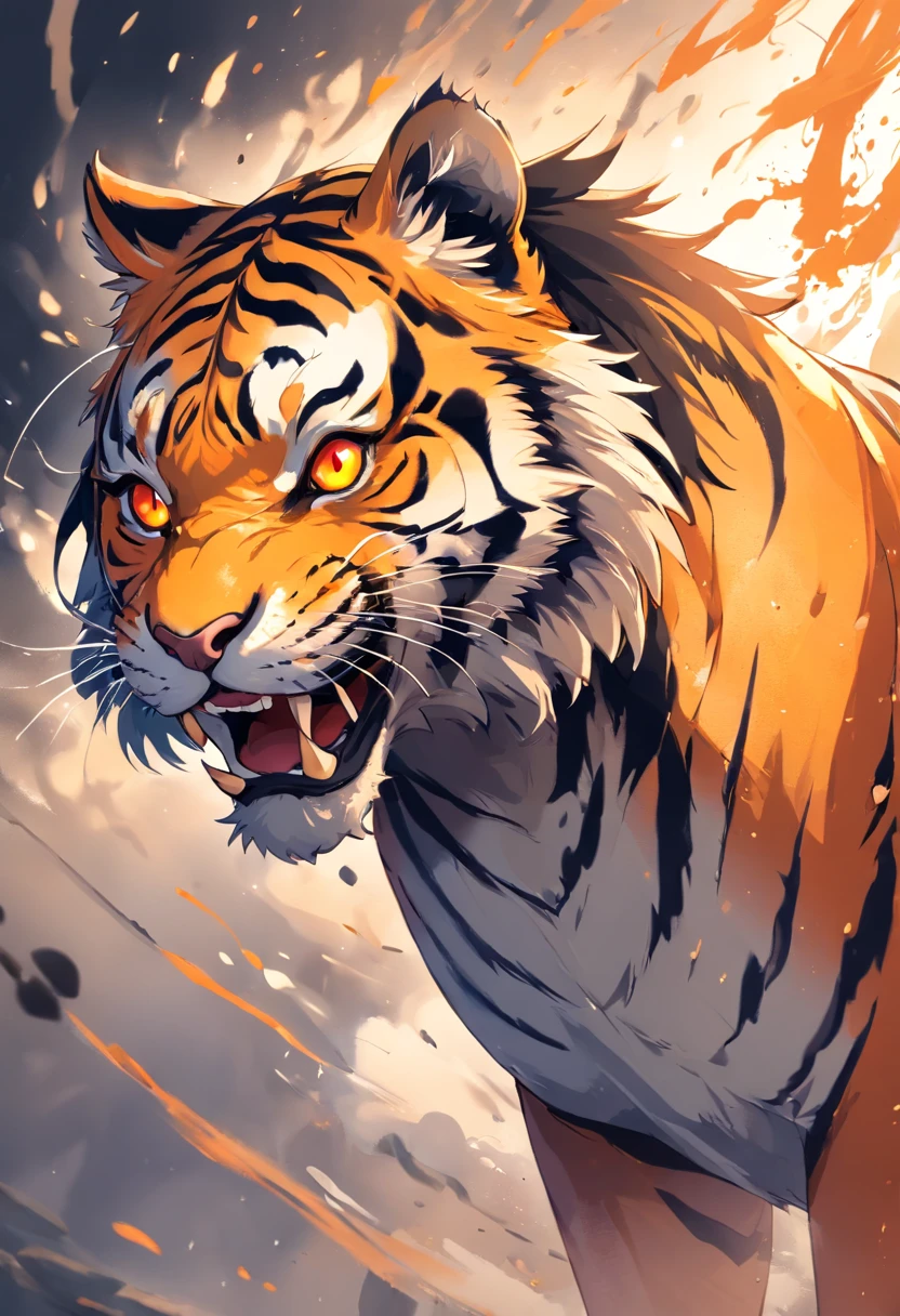 Black gray realistic tiger tattoo art with (((Orange eyes))) Features an ink splash sketch effect ,With his mouth open, he looked very fierce and angry
