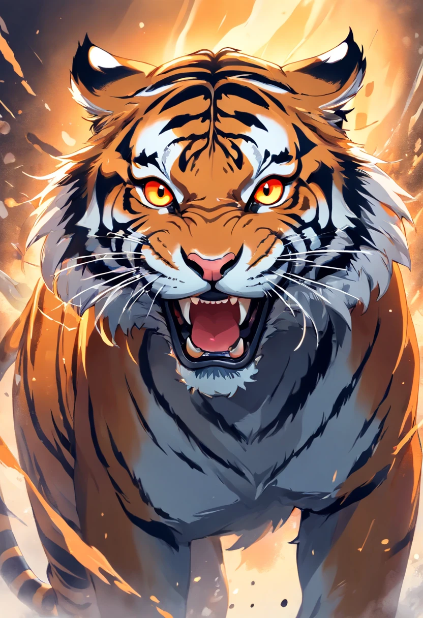 Black gray realistic tiger tattoo art with (((Orange eyes))) Features an ink splash sketch effect ,With his mouth open, he looked very fierce and angry