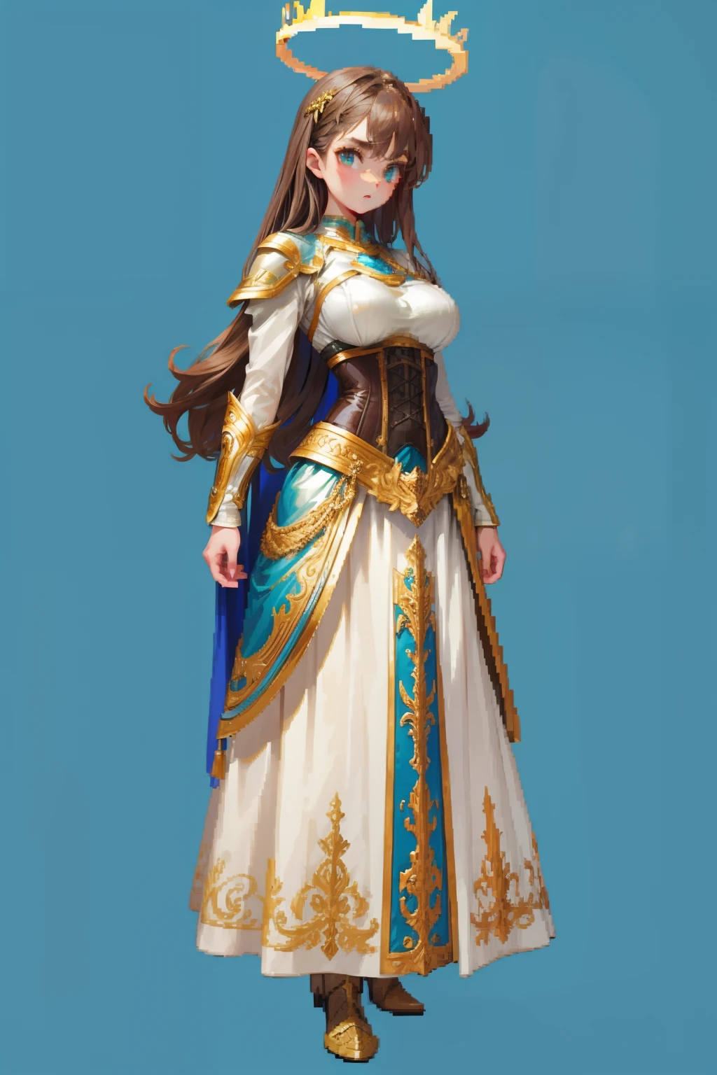 brown hair, long hair, white skirt, blue corset,breastplate, wing,halo,big breast,16 years old,full body, green eyes, pixel art