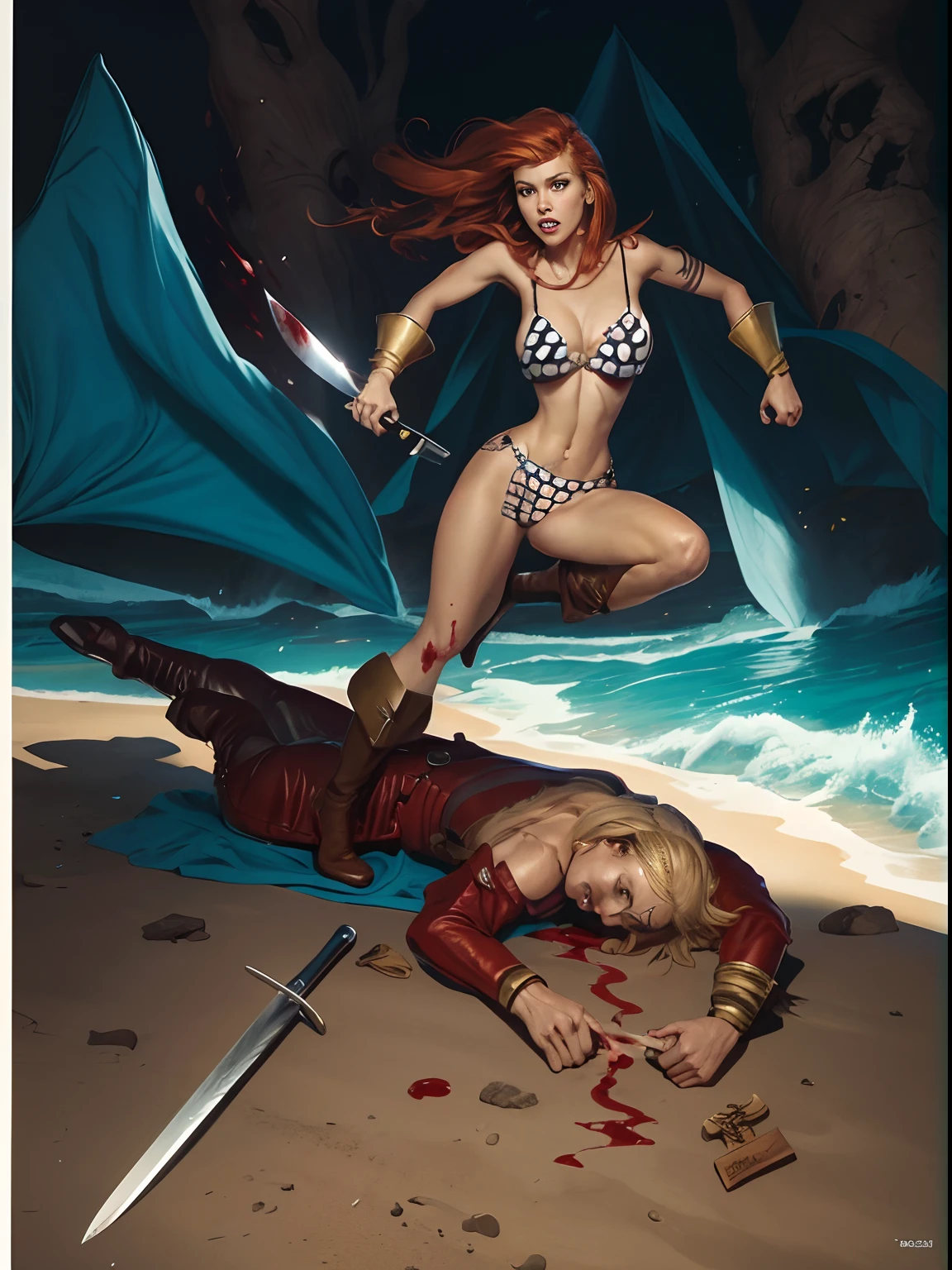 masterpiece, high quality images, high detailed faces, perfect faces, desenho realista de uma mulher ruiva, com olhos azuis, in a bikini holding a knife dripping blood, Red Sonja, luvas de couro marrom, brown leather boots is walking on a blond-haired man, boca aberta,  morto, Blood dripping down the floor,montanhas ao fundo de um vale,  inspirado em Frank Frazetta, frank frazetta manga style, Estilo Frank Frazetta, inspirado em Clyde Caldwell, Marcos Schultz, desenho realista de quadrinhos, inspirado em Henry Justice Ford, inspirado por Hal Foster, john buscema, inspirado em Wally Wood, Directed by: Free Pejic, comic realistic drawing, Fantastic Art, 8k