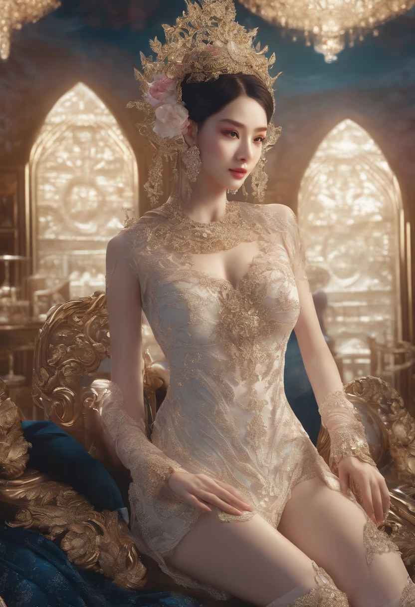 Ultra realistic 8K CG, flawless, clean, masterpiece, professional artwork, famous artwork, movie-grade lighting,Chinese style, movie-grade flare, perfect face, beautiful face, fantasy, charming, dreamlike, surreal, science fiction, lace, lace trim, lace trim, lace trim socks, luxury, back, back, hip, long legs, diamonds, exquisite,,,, pearl, attractive, seductive, sexy, charming hair accessories, necklaces, earrings, bracelets, armbands, halos, (best quality, masterpiece, ultra high definition, (fidelity: 1.4), original photo, 1 girl, wet clothes). not wearing clothes, turn completely, turn back, expose buttocks rainbow colors