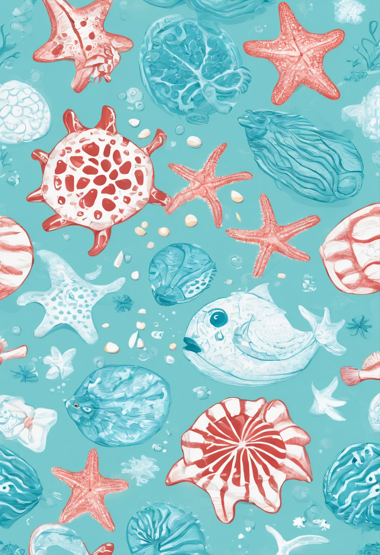Ocean Scene Adorable Happy Sea Urchins - A lively ocean scene filled with brightly-colored sea urchins, merrily surfing on the crest of the waves, with the sun shining down and glistening on the water Starfish, starfishes, sand, seashells, sea stars, beach, shells, sea shells, sea life, nautical, ocean life, beach, cute, sea, water, seafoam, blue, turquoise,