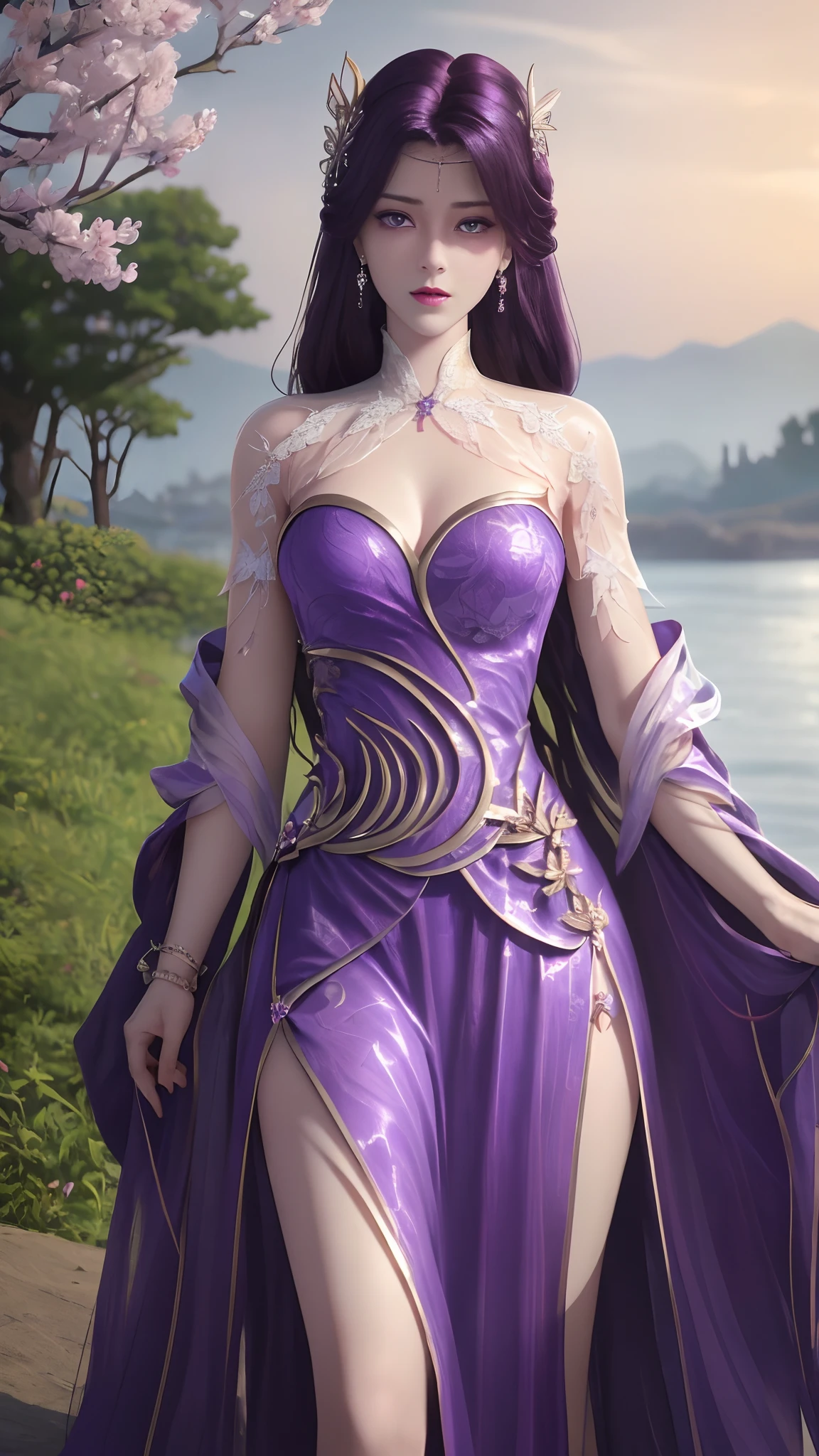 (,1girll, angle of view,Best quality, ) , (((,1girll, Solo,, view the viewer, Cherry blossoms,   , purple_Hair, purple_Eyes, Long_Hair, Solo, Cloud, jewelry, dress, Sunset, sky ))) ultra realistic 8k cg, Flawless, Clean, Masterpiece, Professional artwork, Famous artwork, Cinematic lighting, Cinematic bloom, Perfect face, Beautiful face, fantasy, Dreamlike, unreal, Science fiction, Lace, Lace trim, lace-trimmed legwear, luxury goods, jewelry, Diamond, gold, the pearl, Pedras preciosas, Sapphire, Ruby, Emerald, intricately details, Delicate pattern, Charming, Alluring, Seductive, Erotic, Enchanting, hair adornments, necklace, Earrings, Bracelet, armlets,Halo,Autumn,