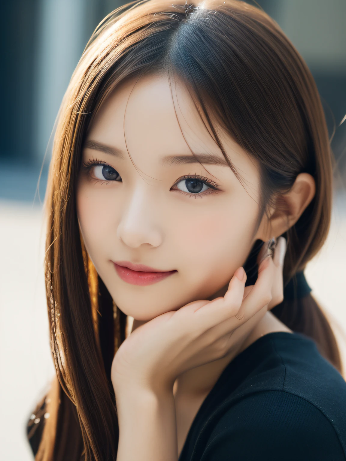(((surrealistic、top-quality、 Ultra-high resolution,Ultra-high definition,Raw foto、1womanl,Double beautiful eyes))),Detailed dark blue eyes,Detailed lips,natural soft light、profetional lighting、 realisitic、Super live-action、Photorealsitic,Japanese ido,Korean Idols、 Mature body、Great natural makeup、Soft body、Japan 17 years old beautiful girl, (Fashion influenced by Namie Amuro,17-year-old beauty,Very beautiful woman,accessorized,Fashion with a focus on design,a miniskirt、poneyTail,Colossal tits,sitting on、Natural pose),City of Shibuya,Gentle smile,Gentle expression,Good smell of perfume,Looking at the camera