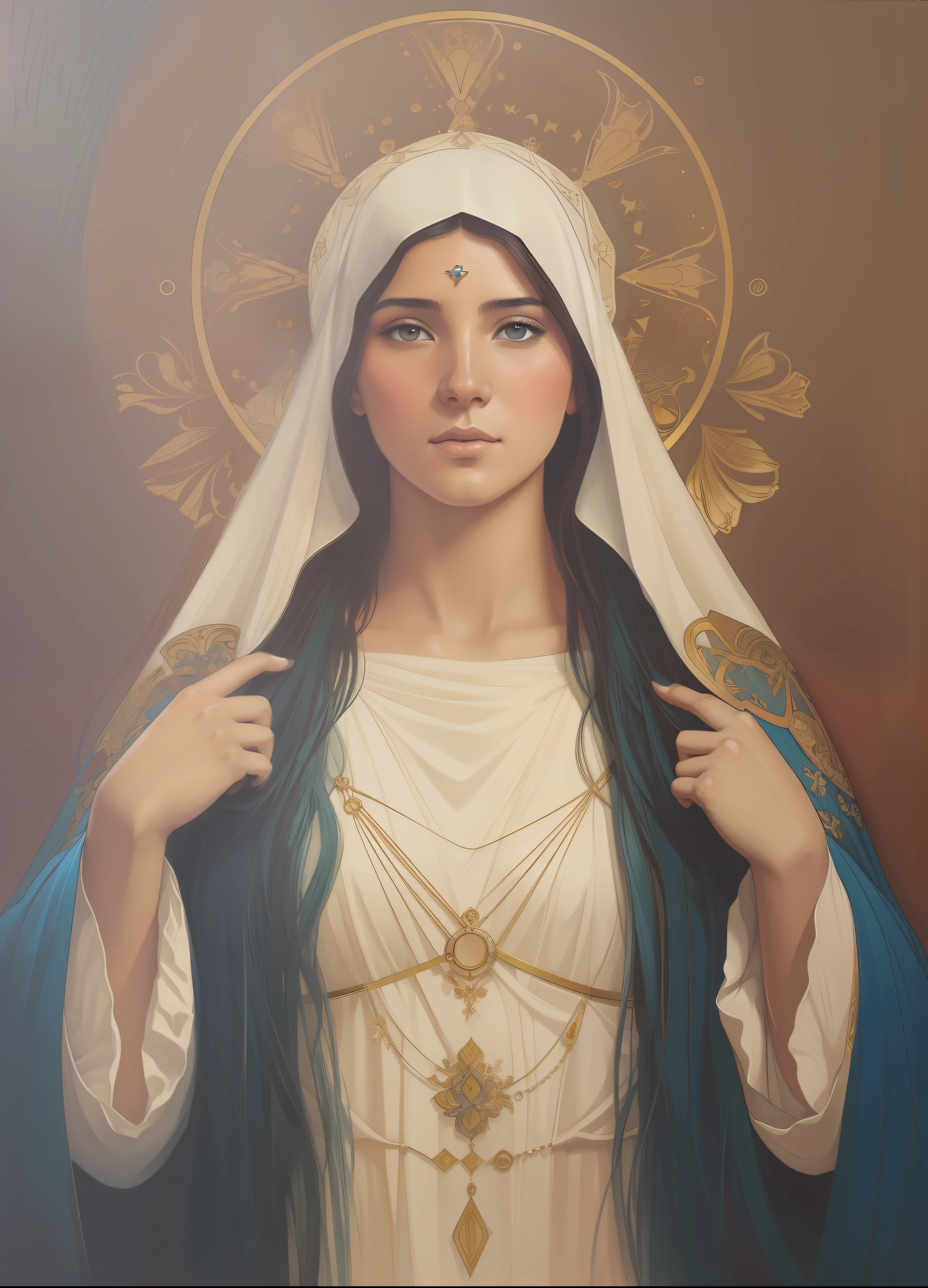 The Virgin Mary and the Child Jesus. MUJER CAUCASICA. 19 years old, DULCE Y LA INOCENTE MIRADA ANGELICAL, Alta calidad, obra maestra, rasgos faciales exquisitos, cabello exquisito, ojos exquisitos, cabello de color exquisito, calidad de imagen 4K, hermosa luz y sombra, efecto Tyndall, halo, cabello desordenado, estado joven, escena hermosa, ropa exquisita, cadenas, plumas, belleza antigua con ojos grandes muy detallados, pintura digital, artstation, arte conceptual, foco nítido, illustration, arte de greg rutkowski y alphonse mucha y victo ngai