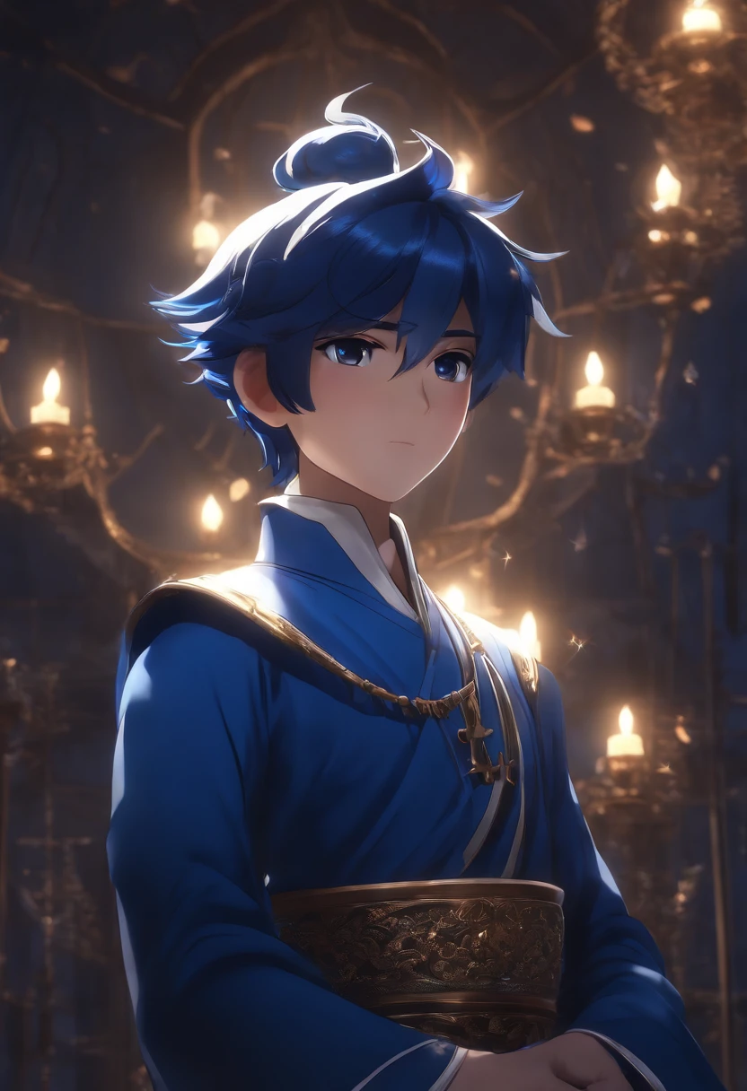 In the silent kingdom, a naughty boy named Raja wearing blue clothes, dark blue hair(anime, cartoon, light effect, lighting is smooth,in 3D animation)