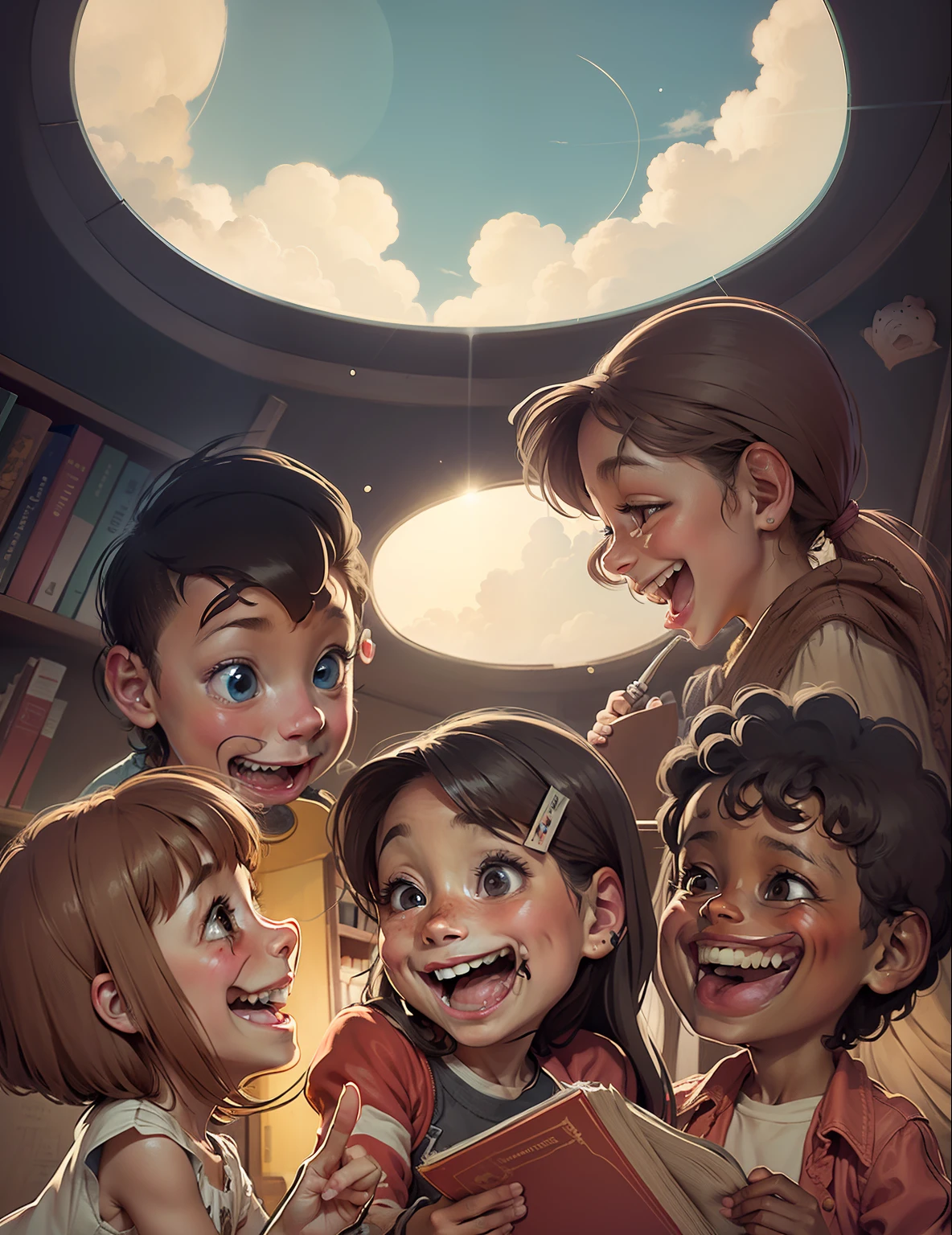 children laughing, una con un libro de cuentos, en una biblioteca