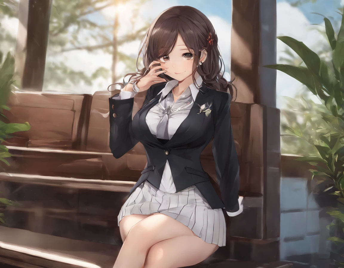 masutepiece, Best Quality, Illustration, Ultra-detailed, finely detail, hight resolution, 8K Wallpaper, Perfect dynamic composition, Beautiful detailed eyes,  Natural Lip,Blazer ,School uniform, cleavage, Full body,Put your hands in your pockets