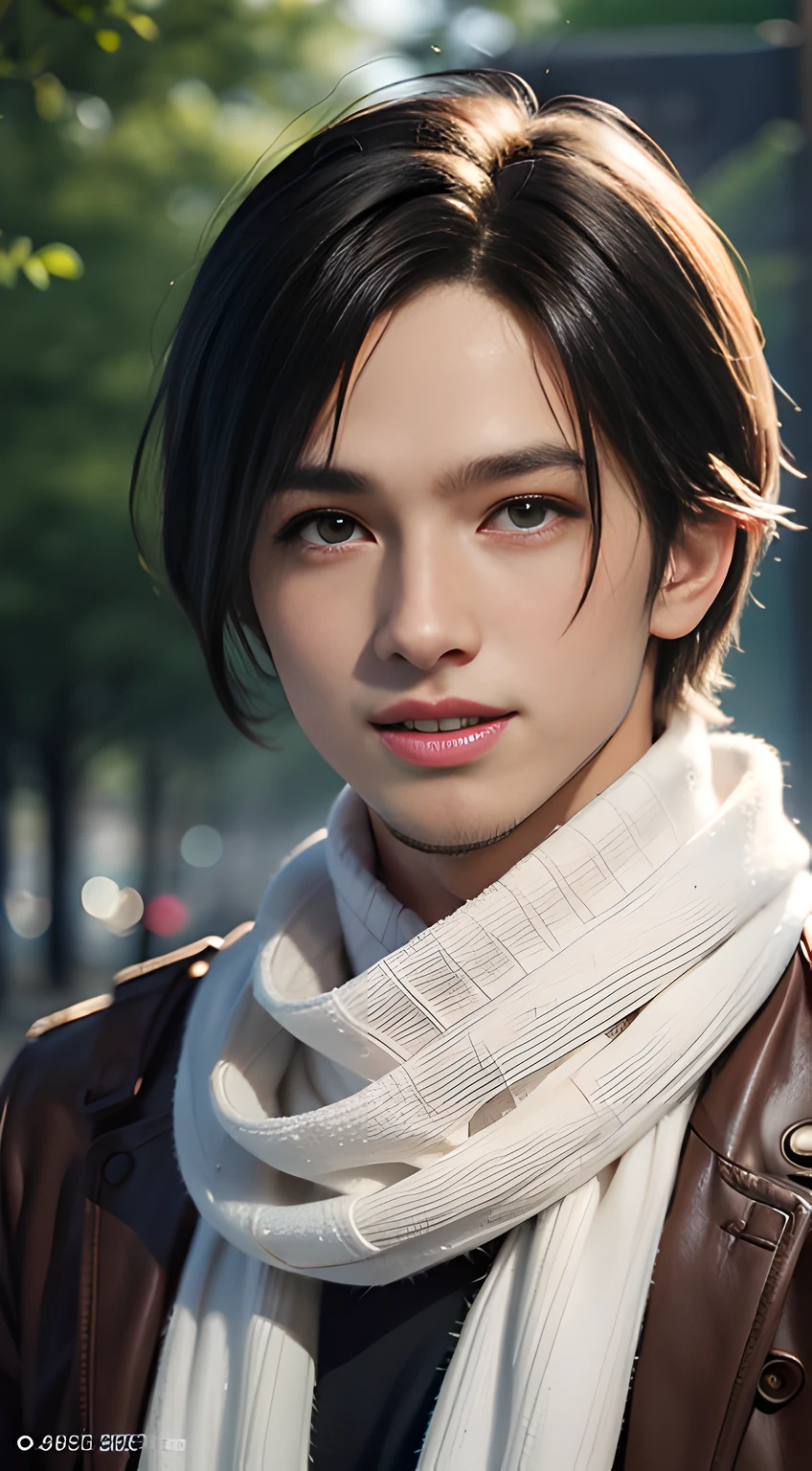 ((Men only)), (head shot), (look straight ahead), (having a white knit scarf wrapped around his neck), ((Leon Kennedy)), (Handsome muscle man in his 10s), (big Smile), (The trees have turned red), (detaile: 1 in 1), Natural muscles, HIG quality, beautidful eyes, (Detailed face and eyes), (Face、: 1 / 2), Noise, Real Photographics、... ...................................................................................................................PSD, Sharp Focus, High resolution 8K, realisitic & Professional Photography, 8K UHD, Soft lighting, High quality, Film grain, FujifilmXT3