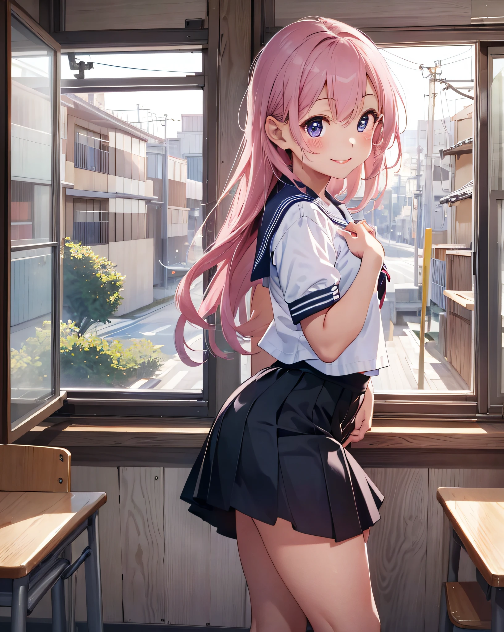 (​masterpiece), (top-quality), Super long hair、Sailor suit with short sleeves、Fluttering miniskirt、A pink-haired、posterior view、Japan School Classroom、Turned、ssmile、 (Realistic:1.5), 1  girl, Precise little hands, Embarrassed look, Smile, a very pretty girl, Clear eyes, Shining eyes,