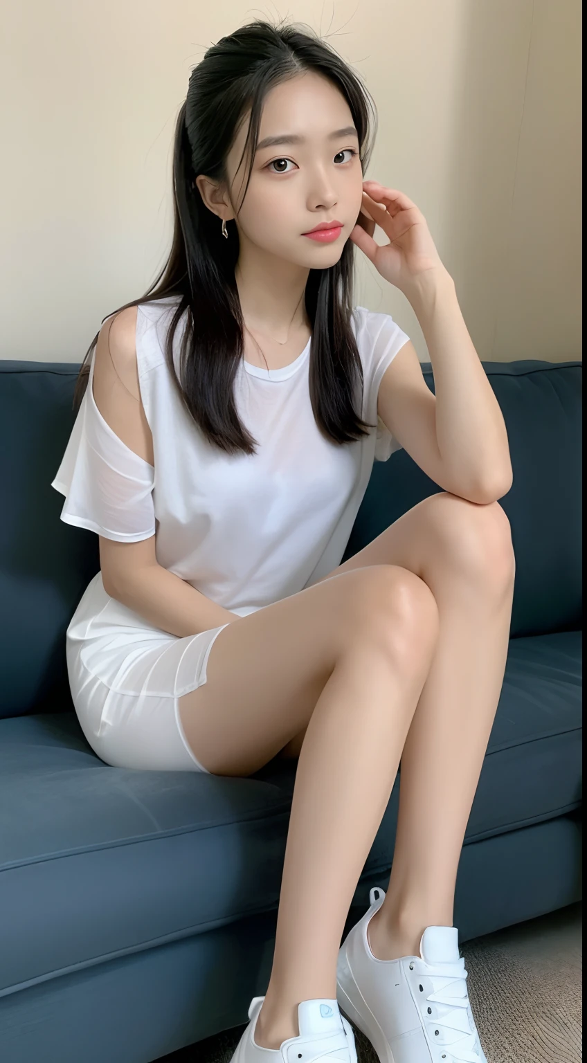 ((Best picture quality, 8K, tmasterpiece:1.3)), 1girll, Casual hairstyle, (slit dress:1.3),(wet see through clothes:1.4),Ultra-fine face, A detailed eye, 二重まぶた,(long leges:1.4),(athletic sneakers:1.3)Erlang legs,Sit sideways on the sofa