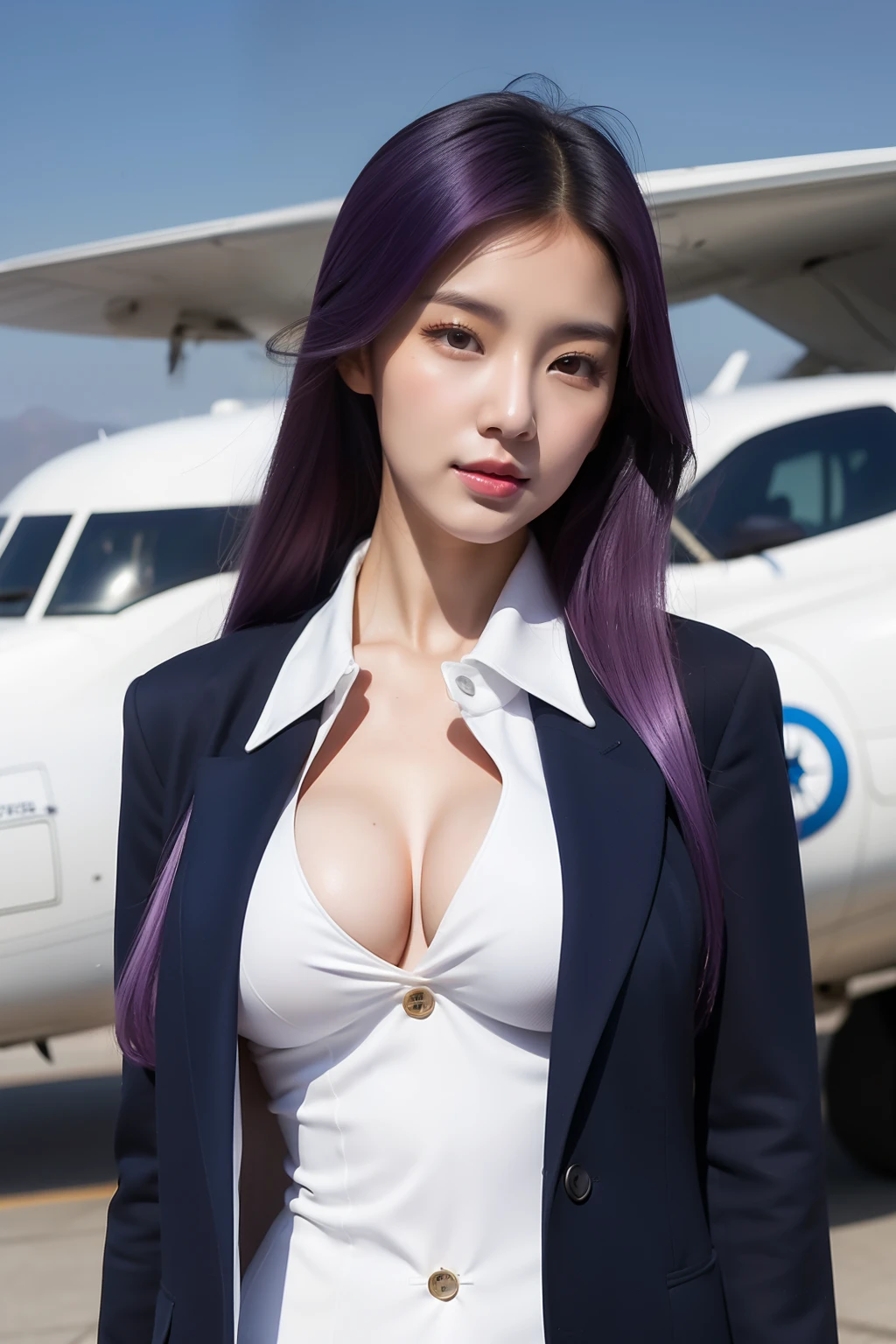 arafed asian woman in a blue and white uniform standing in front of a plane, cute pilot girl, korean girl, jaeyeon nam, beautiful south korean woman, cute girl wearing tank suit, pilot girl, taejune kim, korean woman, heonhwa choe, gorgeous young korean woman, girl with warship parts, wearing dirty ripped flight suit, beautiful south korean woman, korean girl, beautiful young korean woman, korean woman, heonhwa choe, korean women's fashion model, sexy look, big breast, sexy pose, show breast, light purple hair
