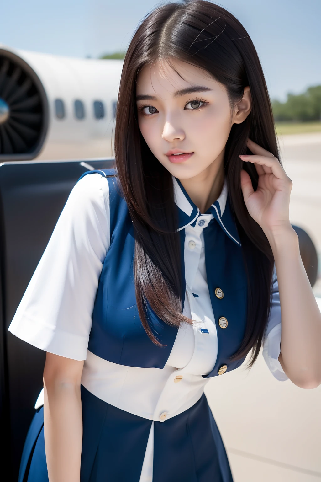 arafed asian woman in a blue and white uniform standing in front of a plane, cute pilot girl, korean girl, jaeyeon nam, beautiful south korean woman, cute girl wearing tank suit, pilot girl, taejune kim, korean woman, heonhwa choe, gorgeous young korean woman, girl with warship parts, wearing dirty ripped flight suit, beautiful south korean woman, korean girl, beautiful young korean woman, korean woman, heonhwa choe, korean women's fashion model, sexy look, big breast, sexy pose, show breast, rainbow hair
